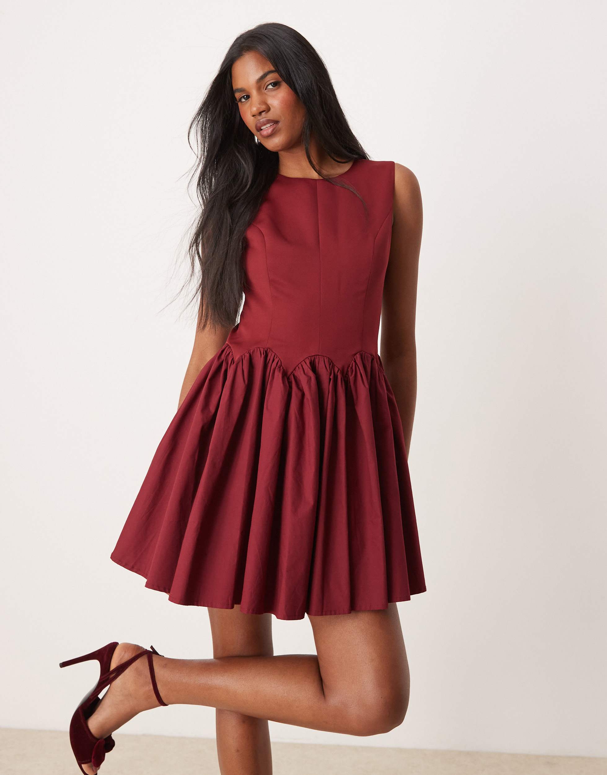 Never Fully Dressed drop hem mini dress in burgundy