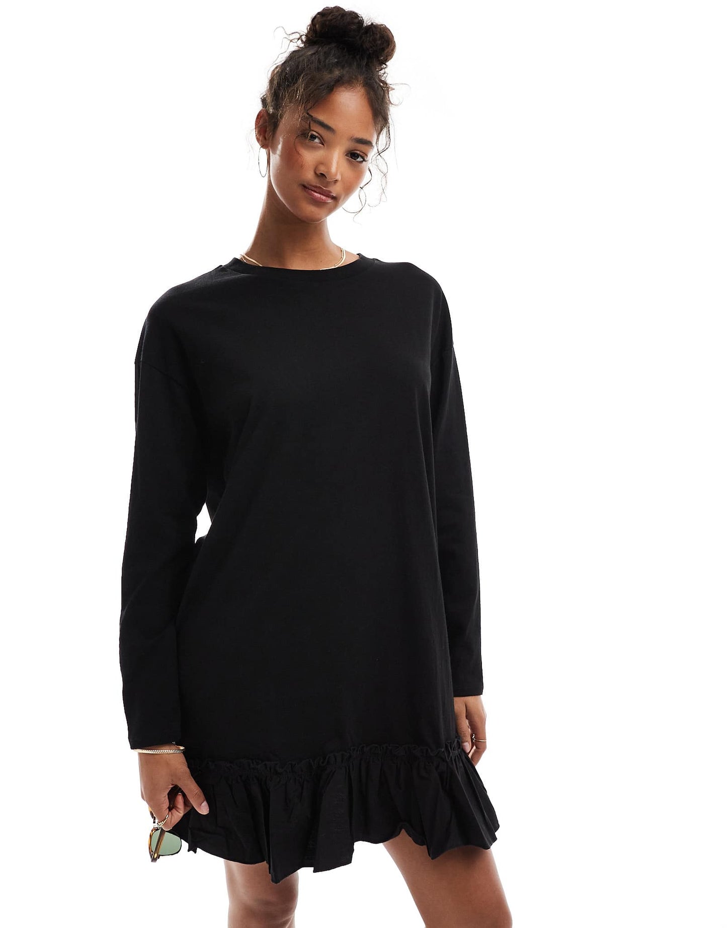 Miss Selfridge long sleeve poplin frill detail t-shirt dress in black