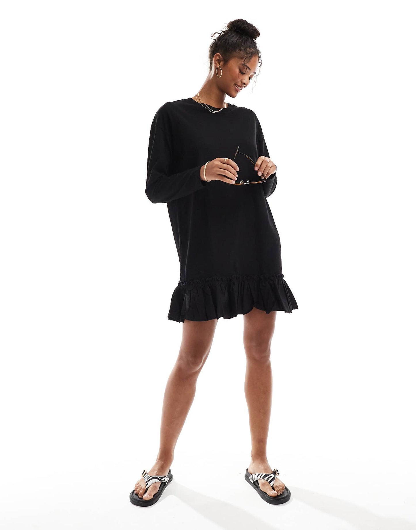 Miss Selfridge long sleeve poplin frill detail t-shirt dress in black
