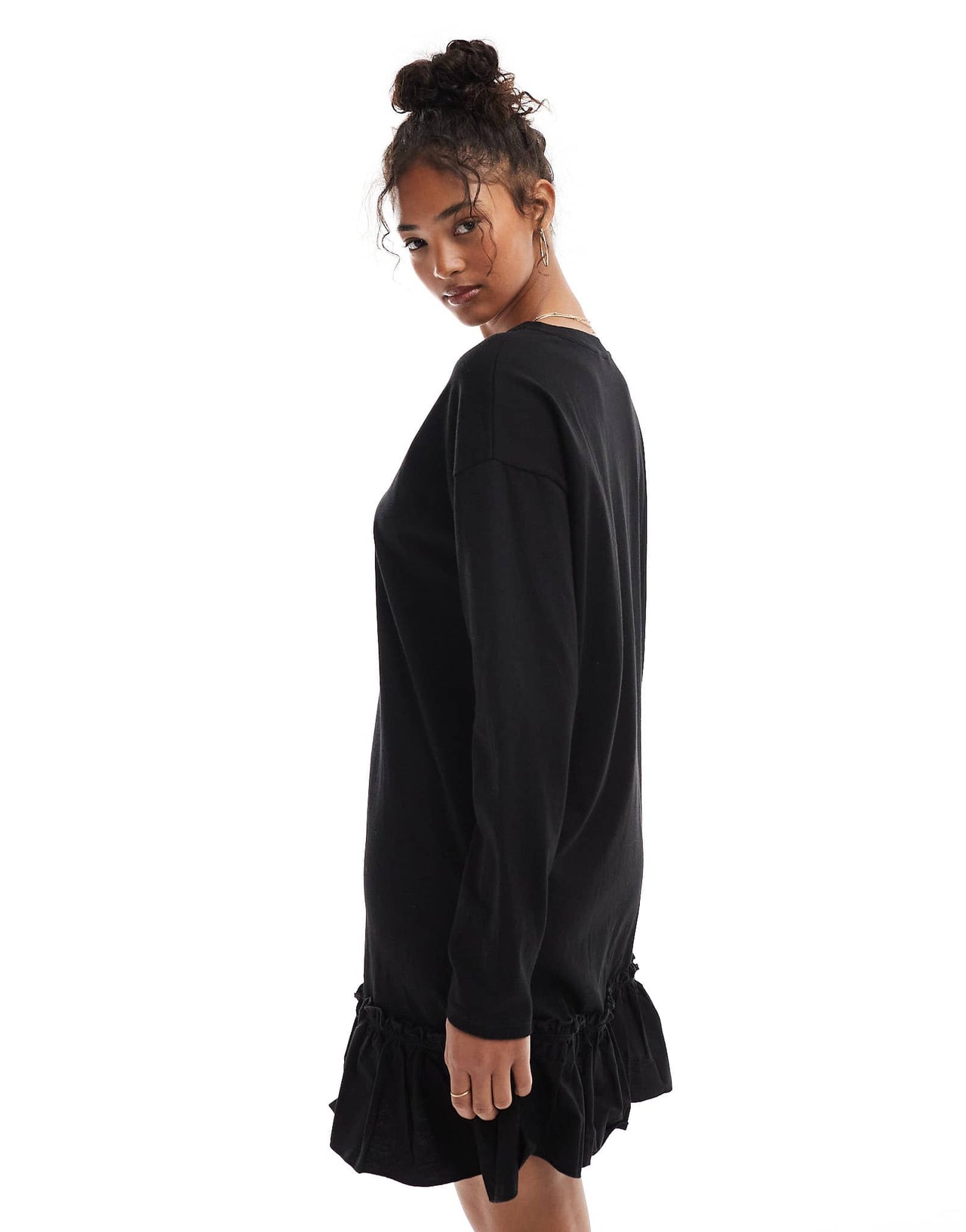 Miss Selfridge long sleeve poplin frill detail t-shirt dress in black