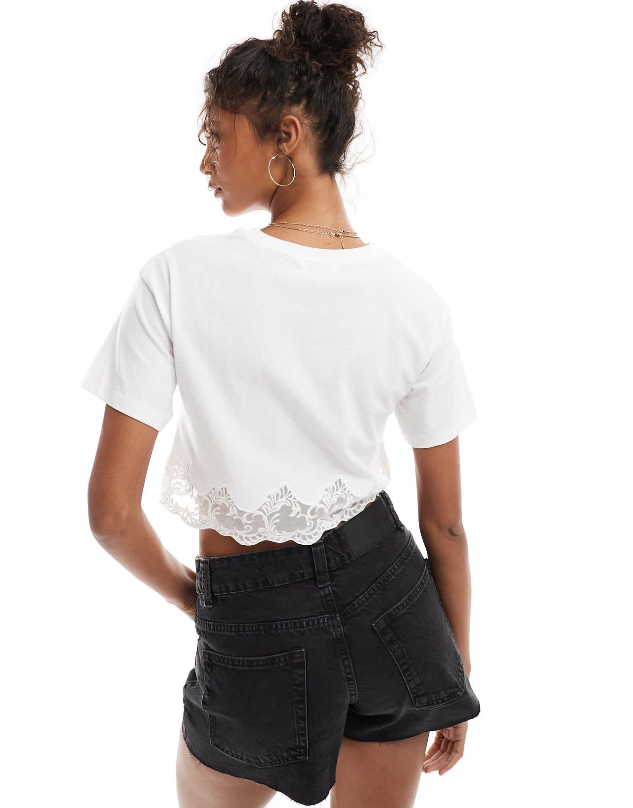 Miss Selfridge lace hem short sleeve t-shirt in white