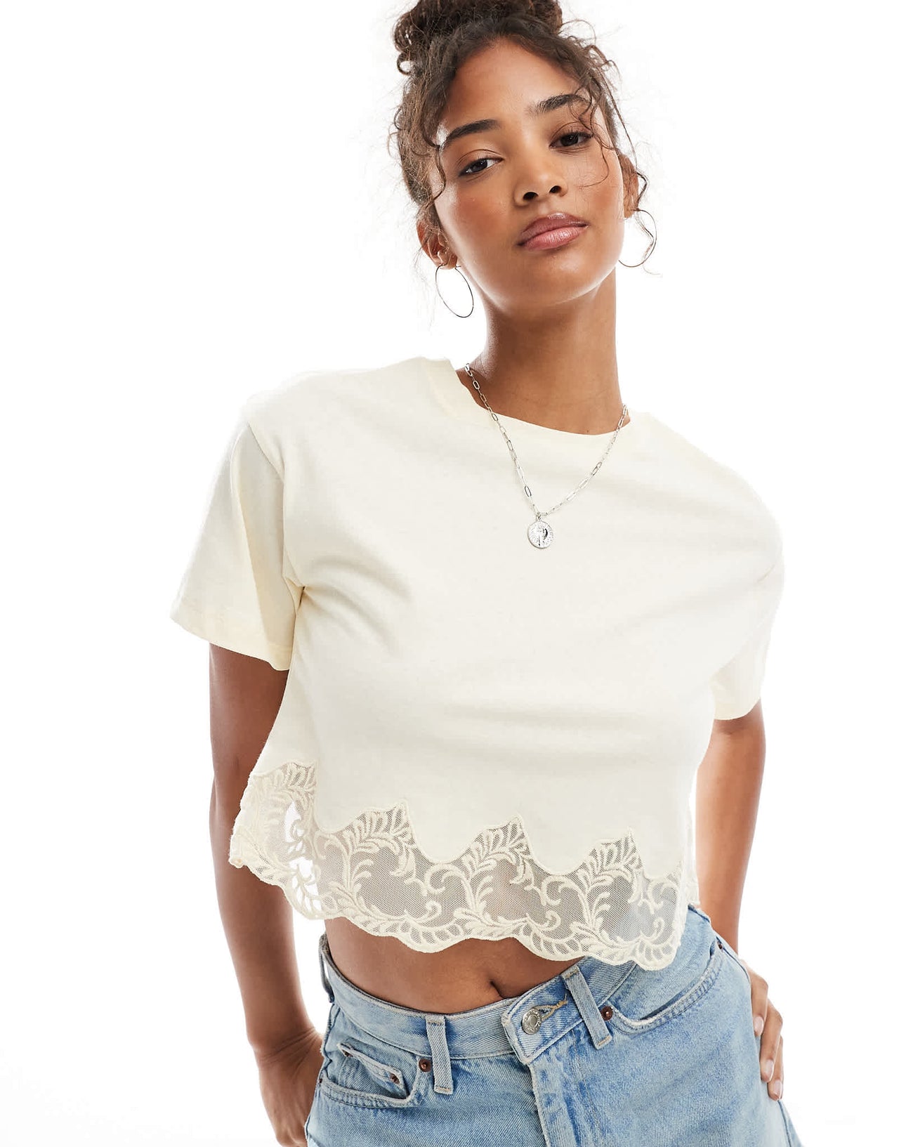 Miss Selfridge lace hem short sleeve t-shirt in buttermilk
