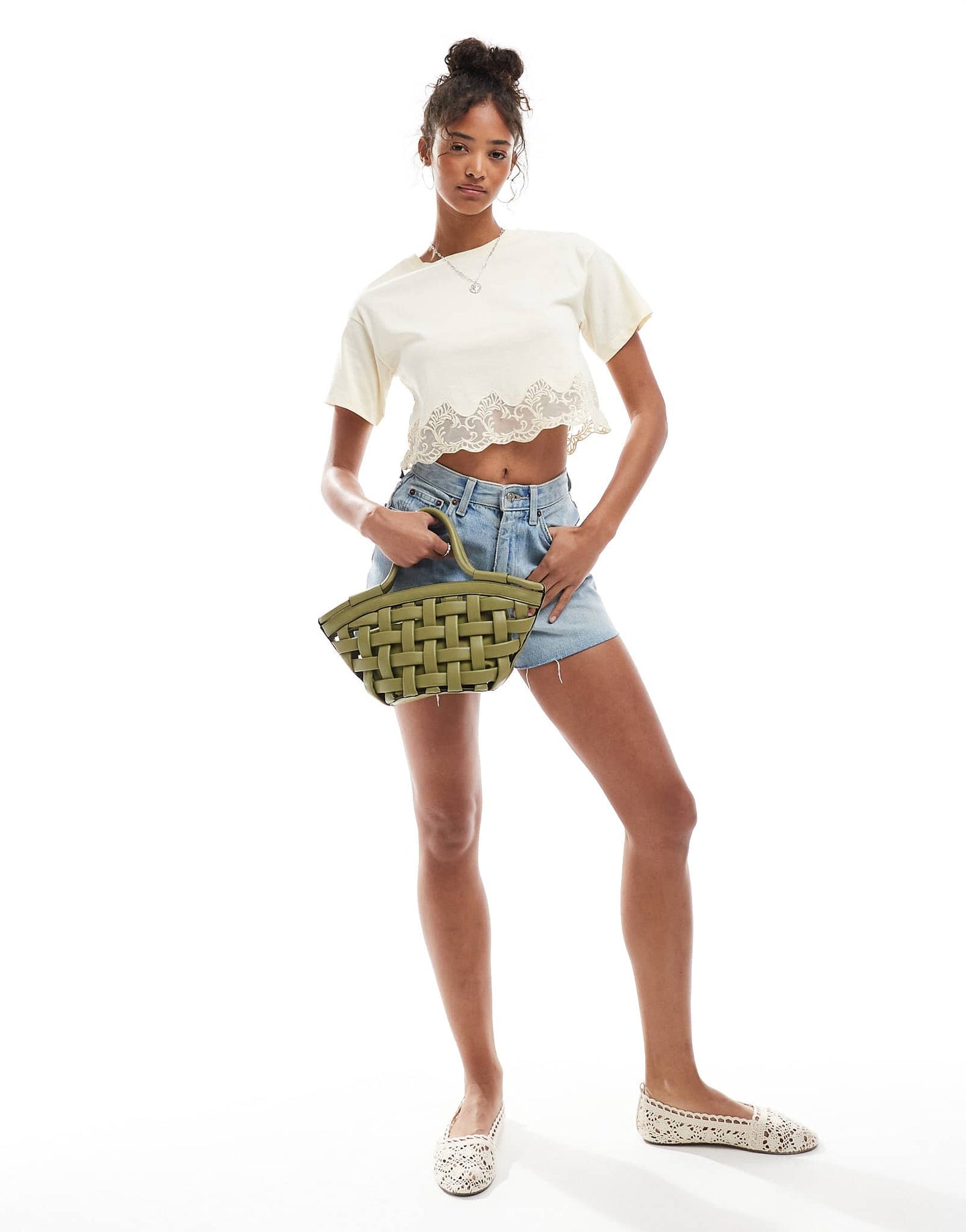 Miss Selfridge lace hem short sleeve t-shirt in buttermilk