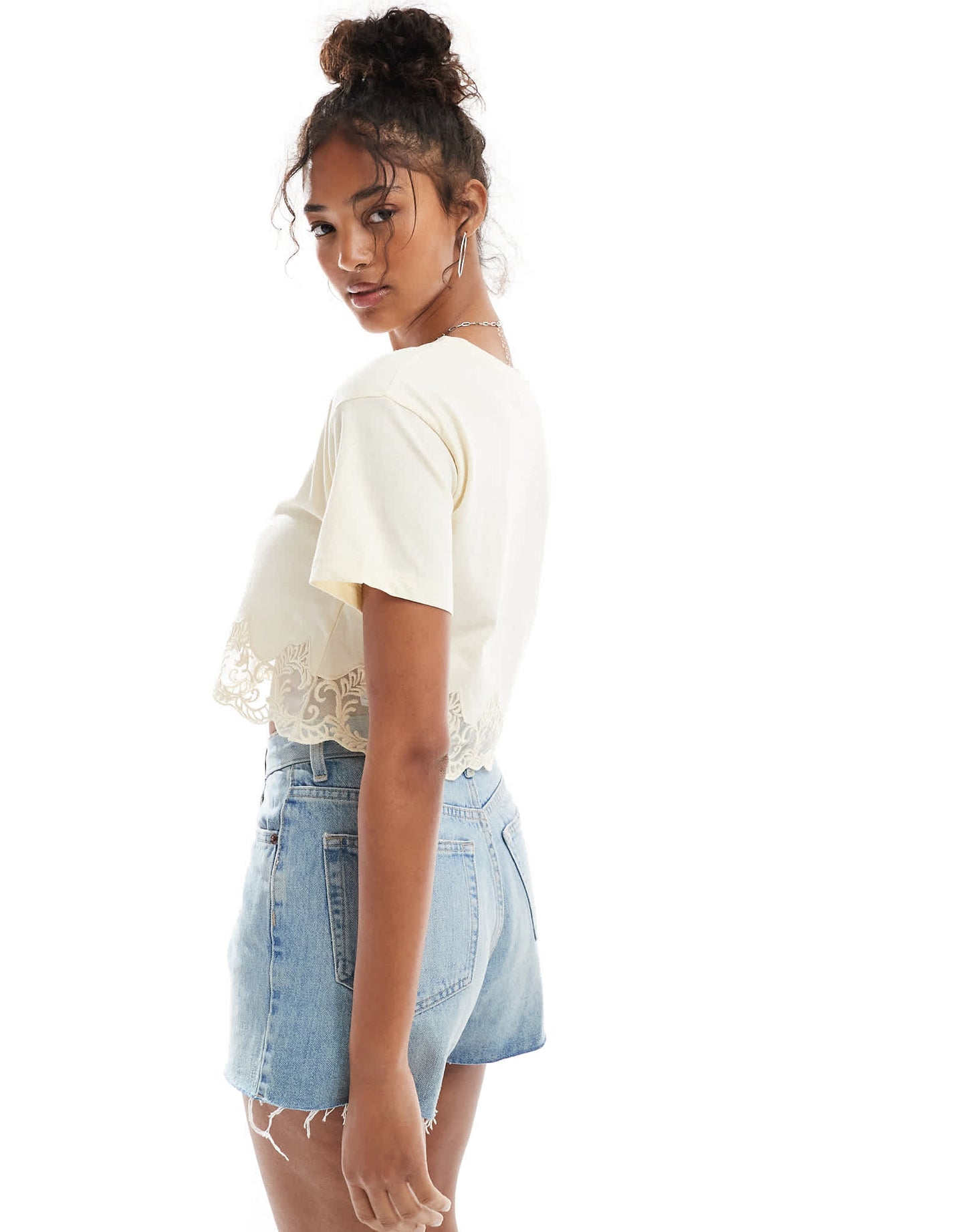 Miss Selfridge lace hem short sleeve t-shirt in buttermilk