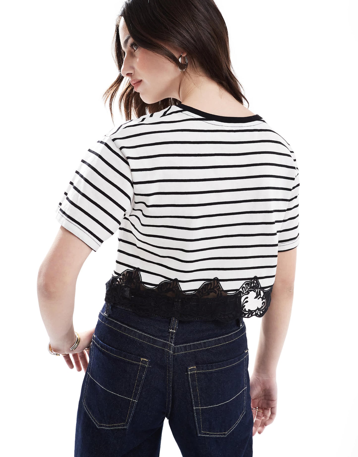 Miss Selfridge stripe lace hem short sleeve t-shirt