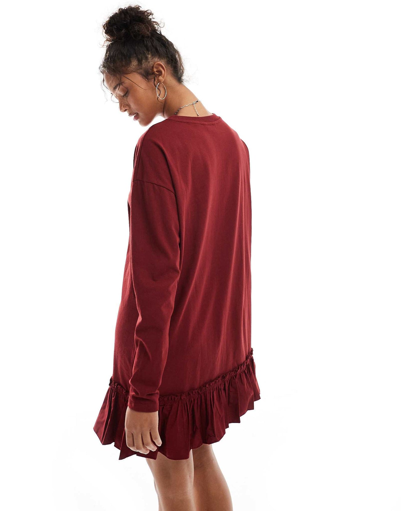 Miss Selfridge long sleeve poplin frill detail t-shirt dress in burgundy