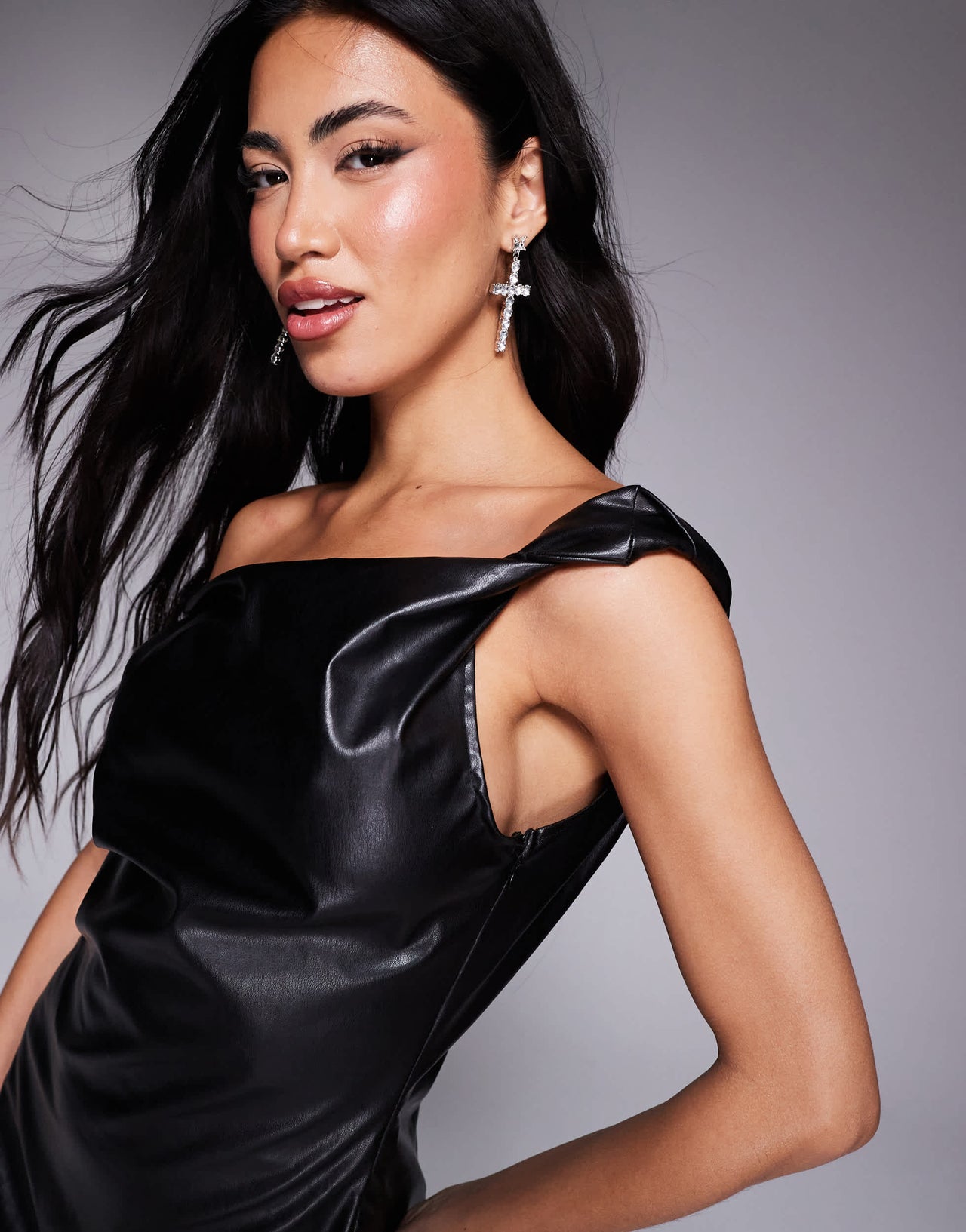 Missyempire off shoulder twist leather look mini dress in black