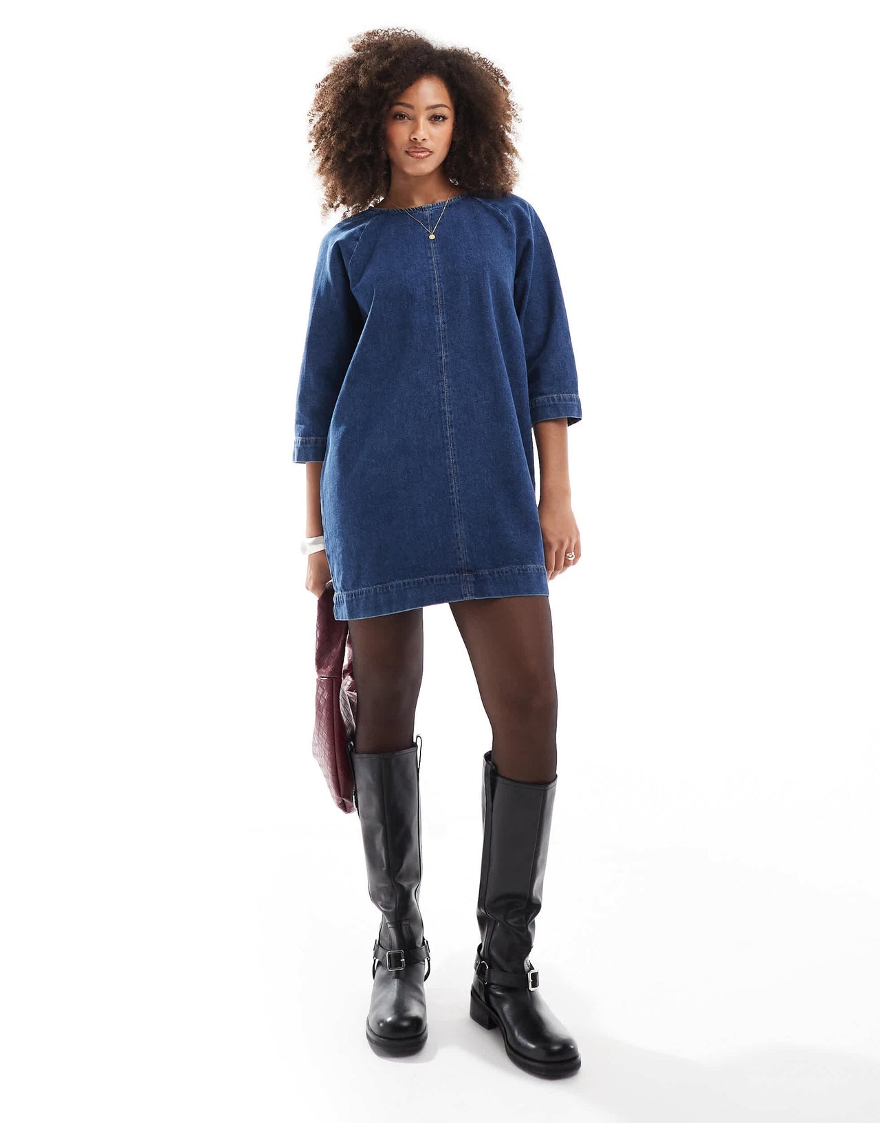 ASOS DESIGN denim tie back boxy dress in mid blue