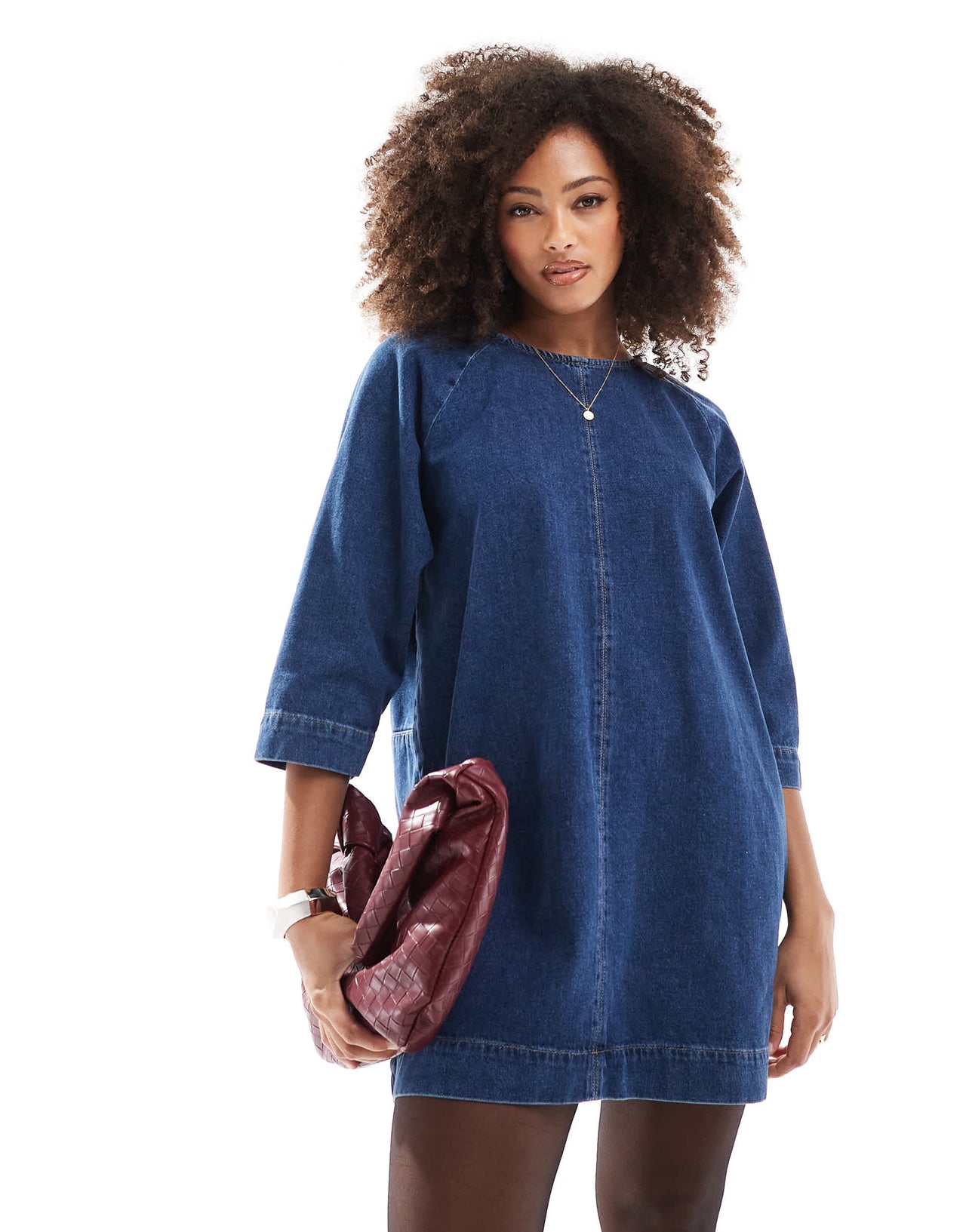 ASOS DESIGN denim tie back boxy dress in mid blue