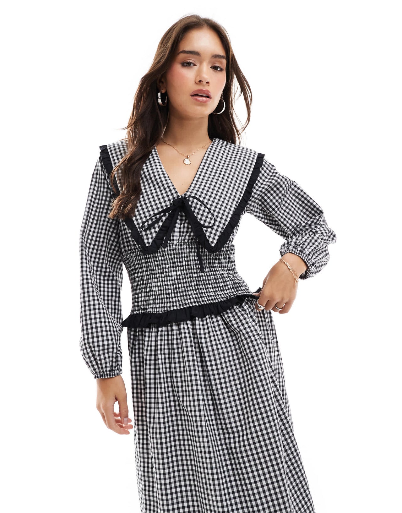 ASOS DESIGN collar shirred waist maxi dress in mono gingham