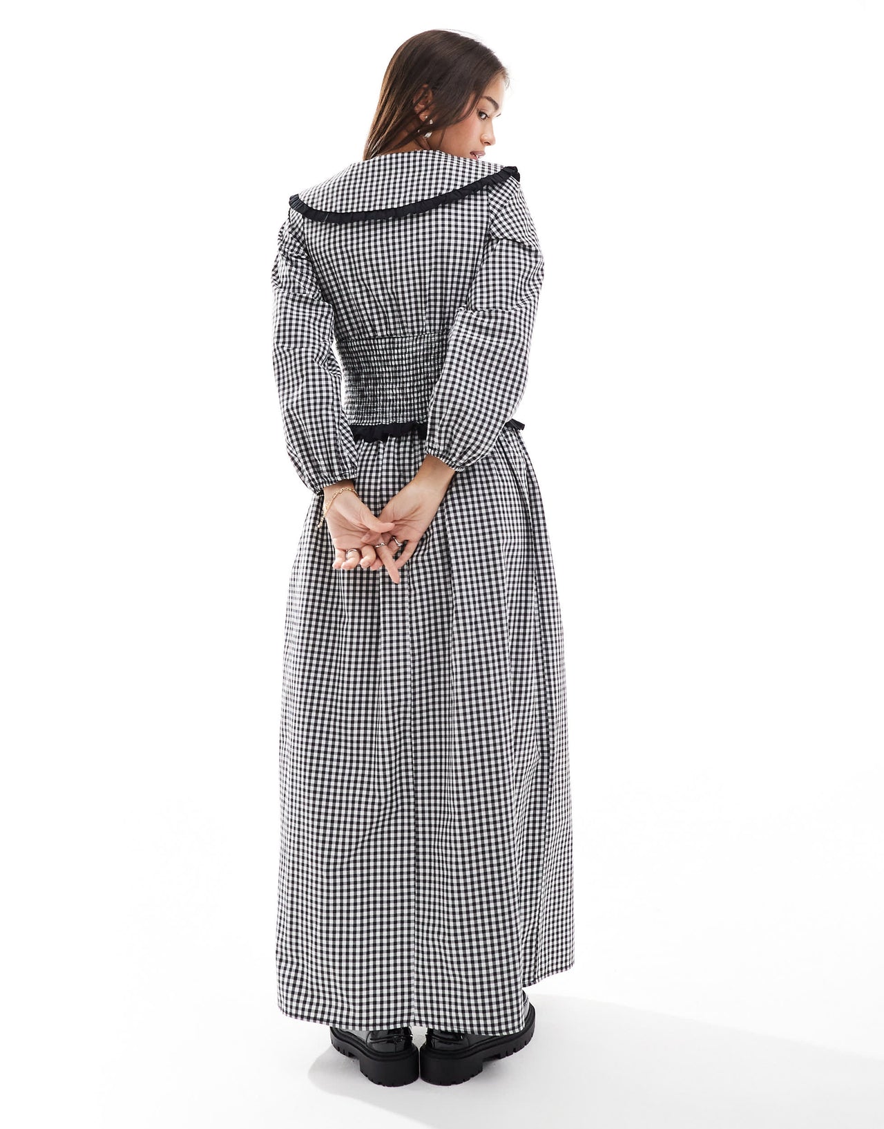 ASOS DESIGN collar shirred waist maxi dress in mono gingham
