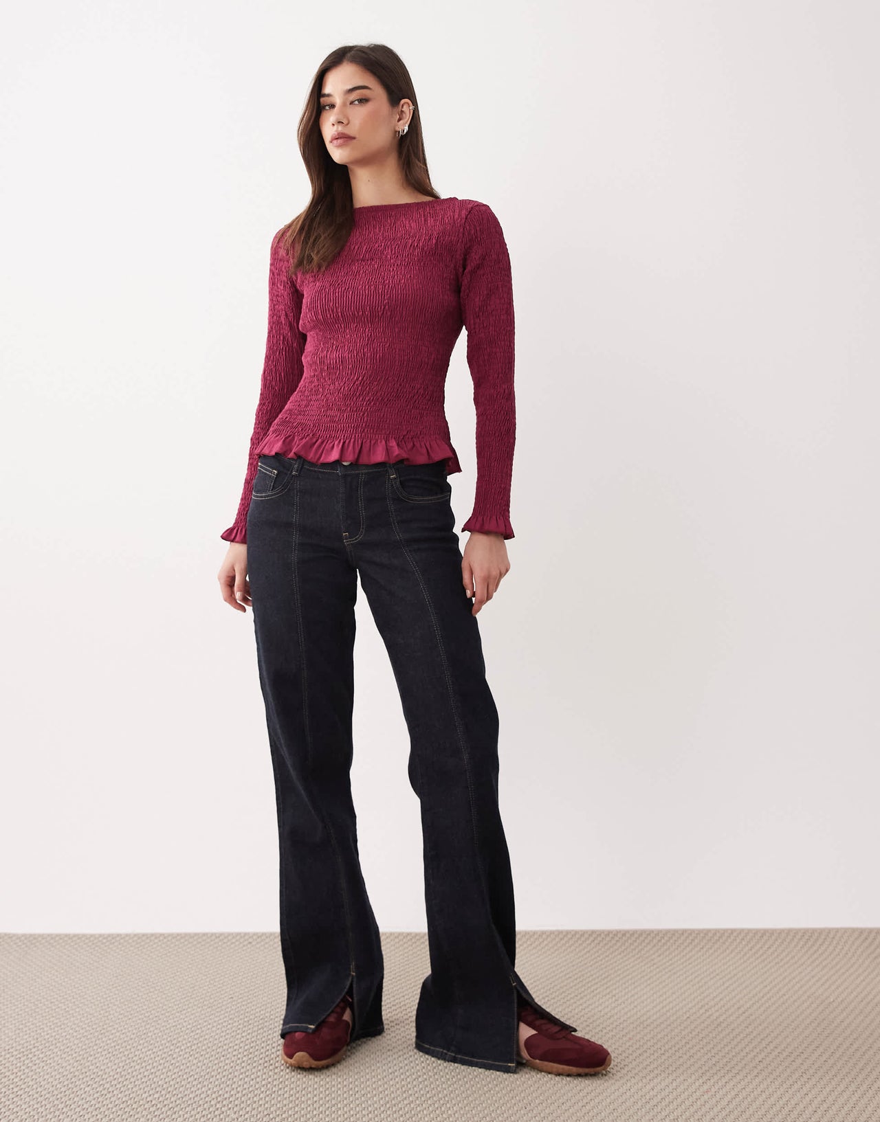 ASOS DESIGN poplin shirred top co ord in burgundy