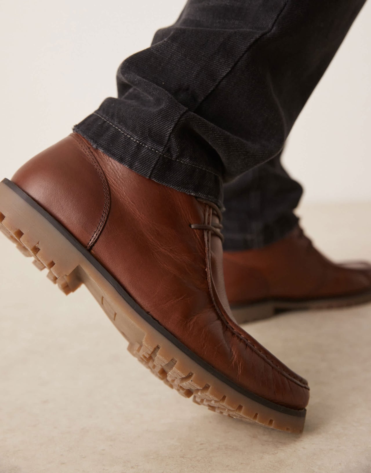 ASOS DESIGN apron boots in tan leather with cleated sole