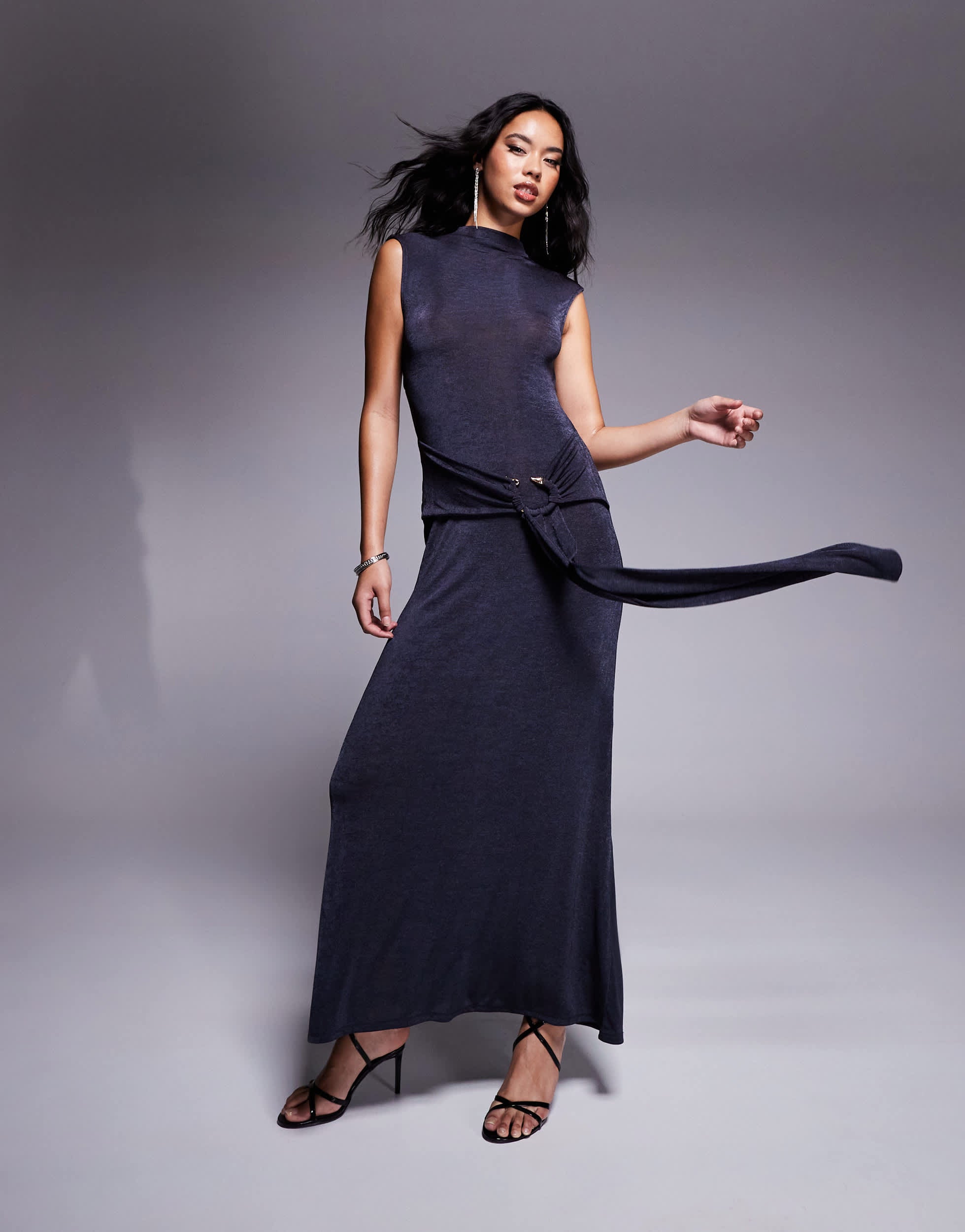 ASOS DESIGN high neck slinky maxi dress with snake hardware trim in charcoal