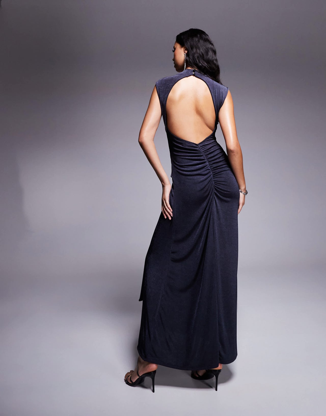 ASOS DESIGN high neck slinky maxi dress with snake hardware trim in charcoal