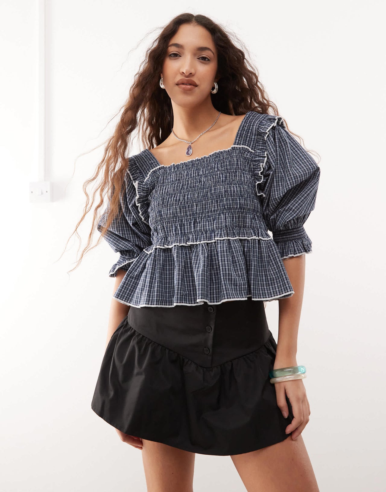COLLUSION extreme ruched puff sleeve blouse with contrast ties in check