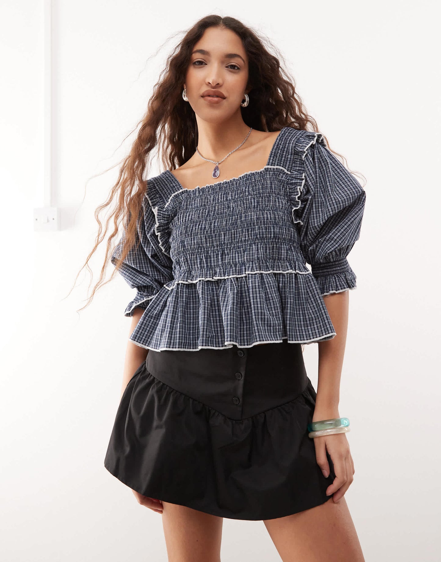 COLLUSION extreme ruched puff sleeve blouse with contrast ties in check
