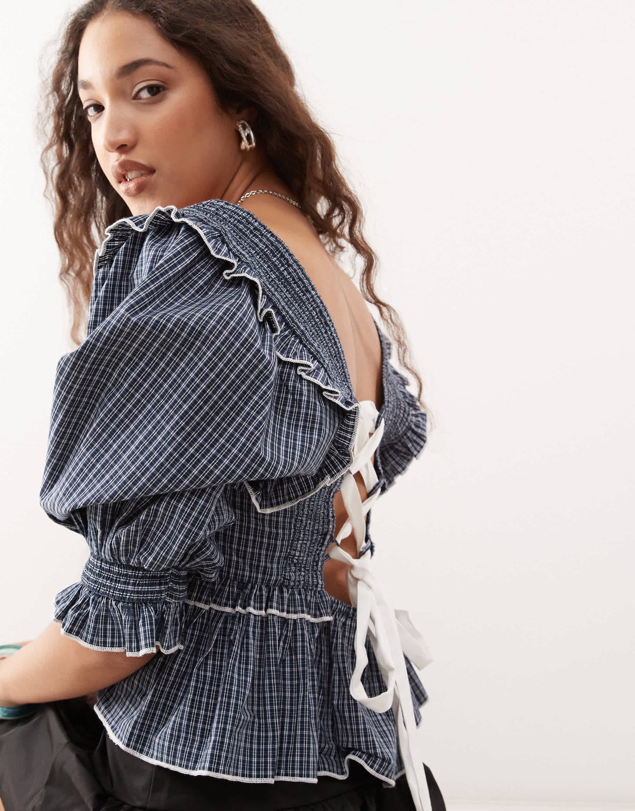COLLUSION extreme ruched puff sleeve blouse with contrast ties in check
