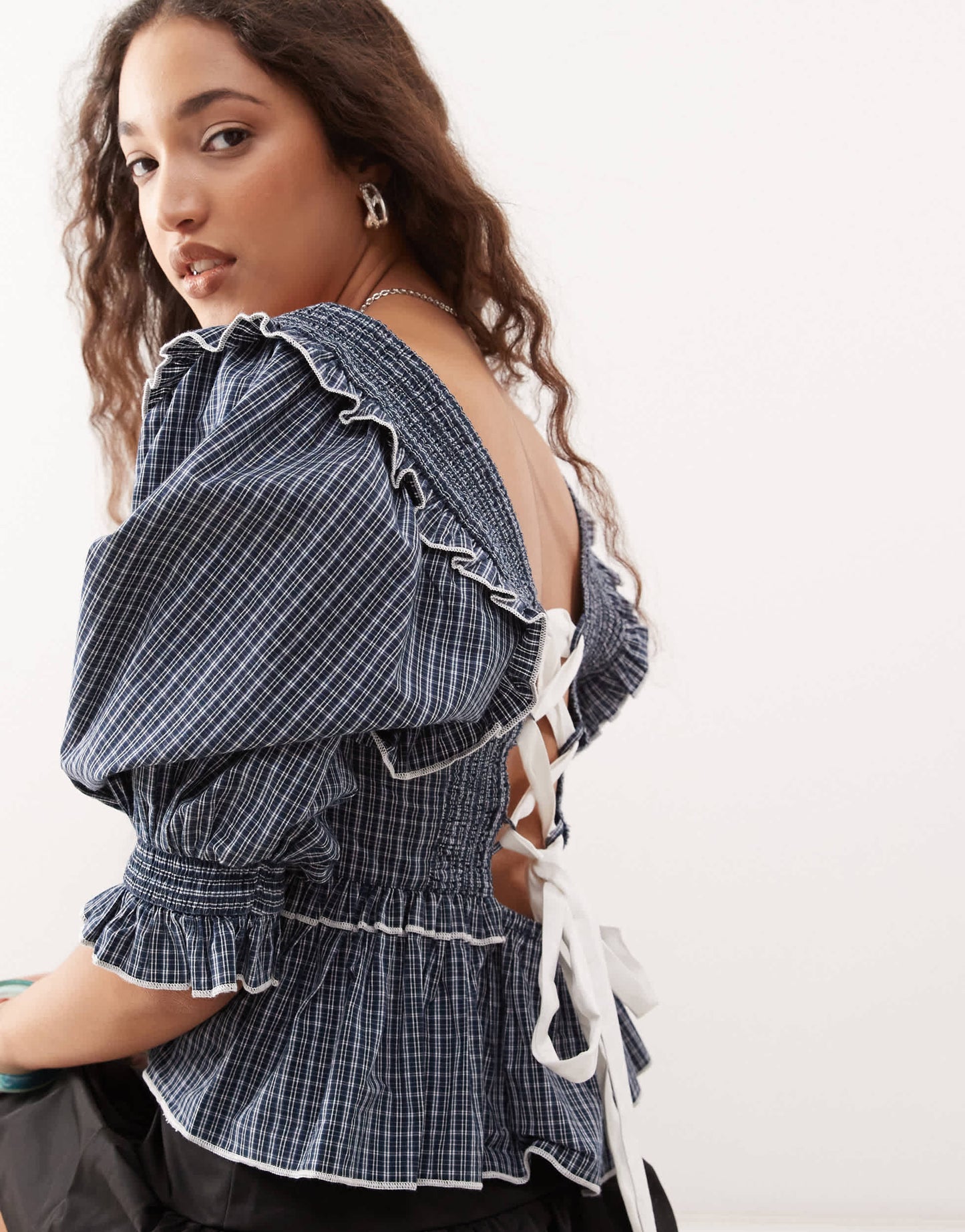 COLLUSION extreme ruched puff sleeve blouse with contrast ties in check