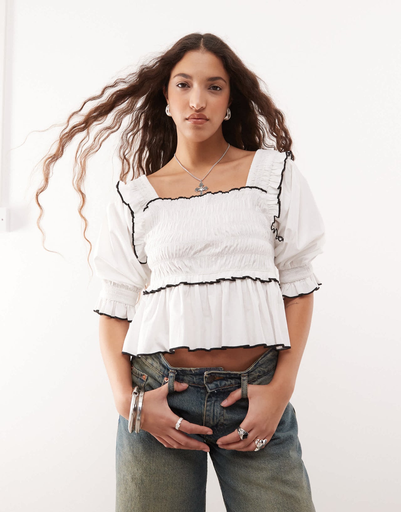 COLLUSION extreme ruched puff sleeve blouse with contrast ties in white