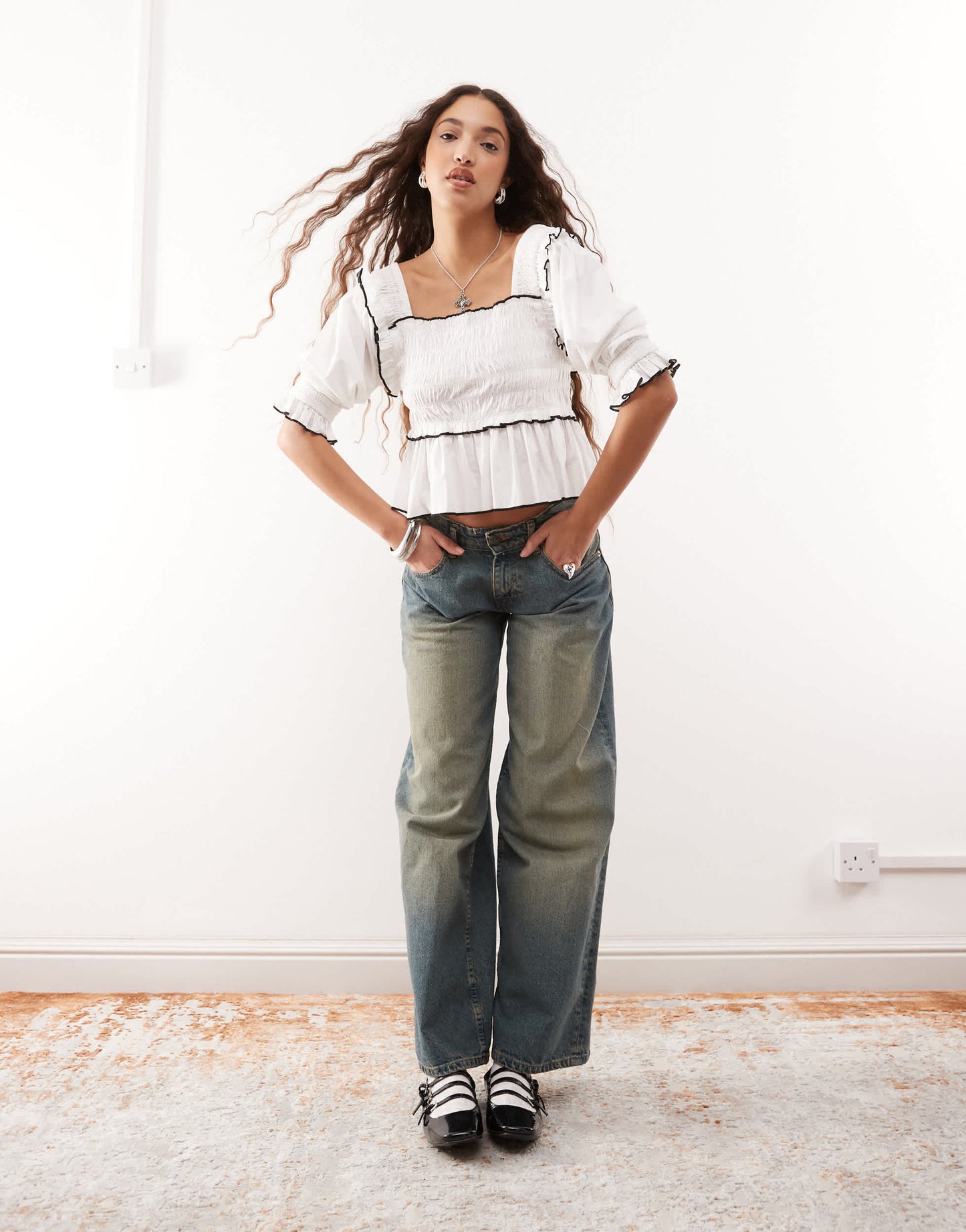 COLLUSION extreme ruched puff sleeve blouse with contrast ties in white