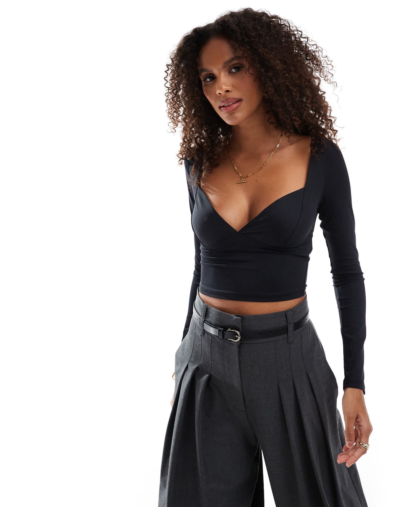 Stradivarius deep v long sleeve top in black