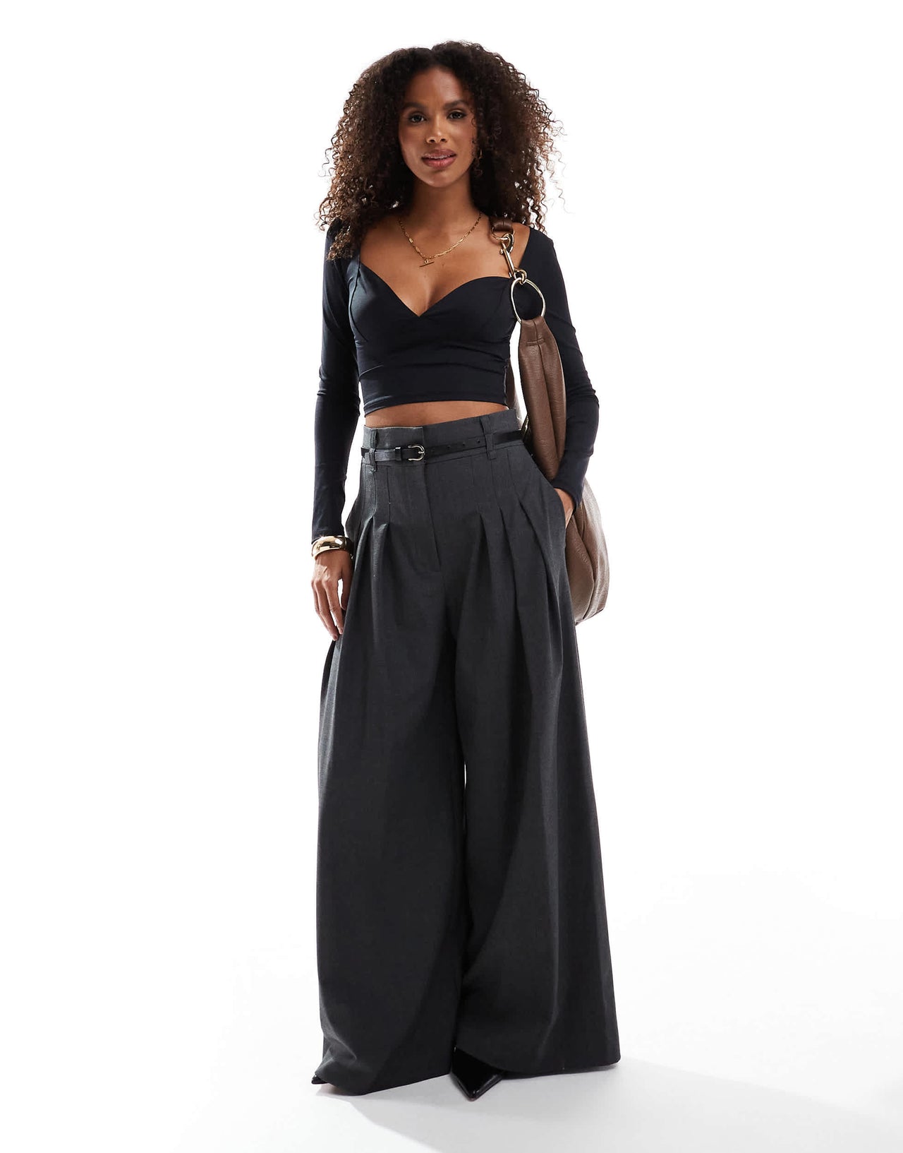 Stradivarius deep v long sleeve top in black