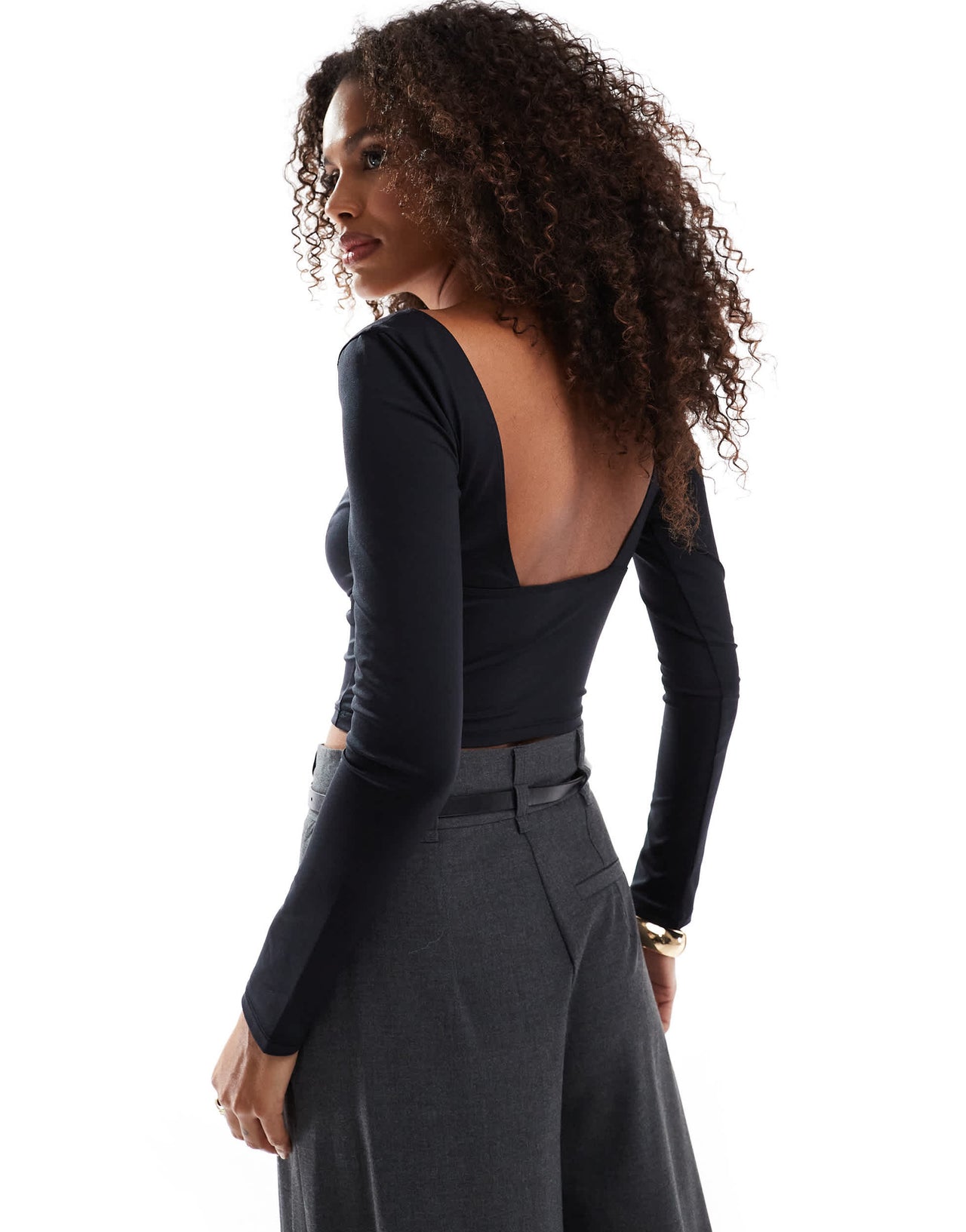 Stradivarius deep v long sleeve top in black