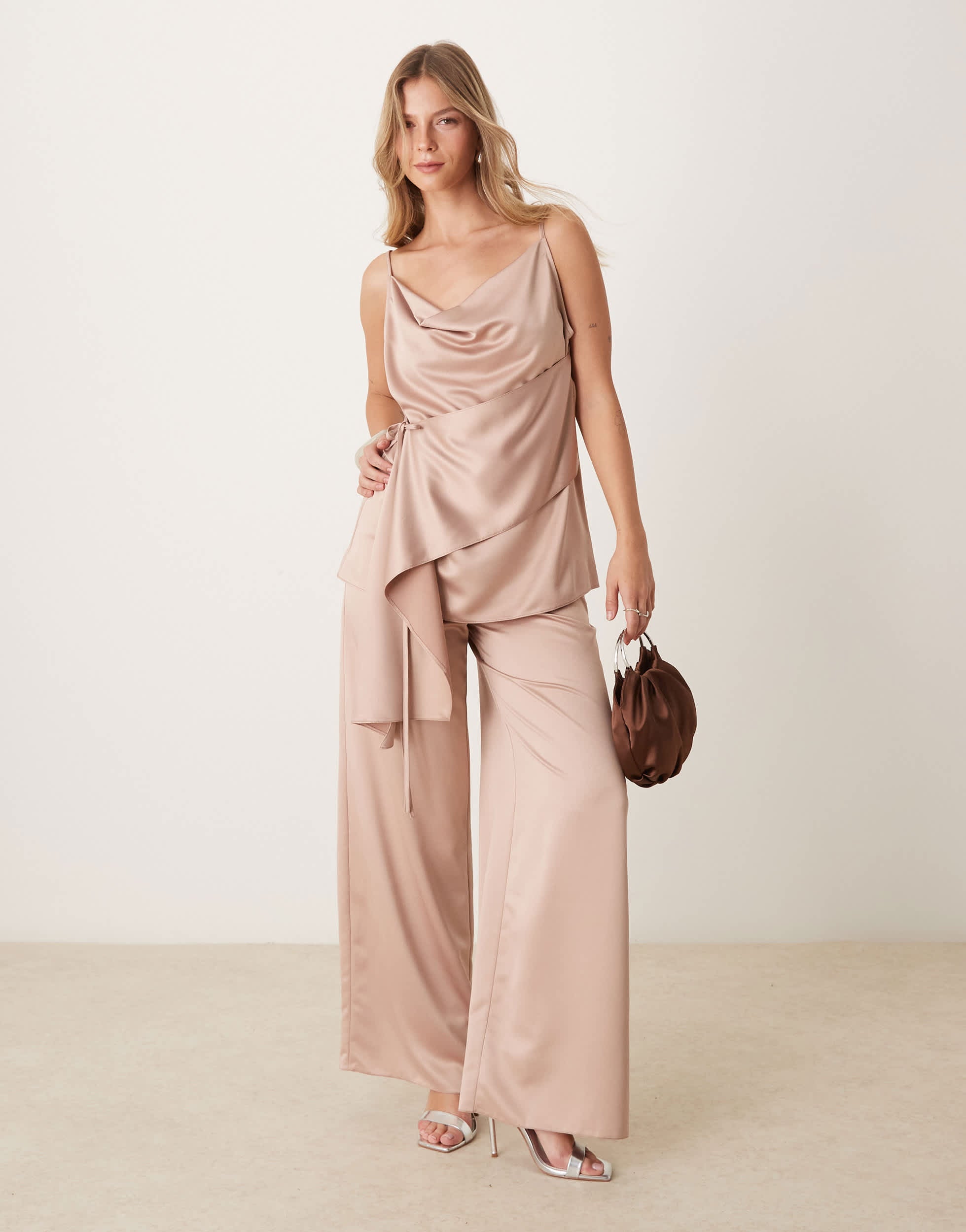 ASOS DESIGN wide leg satin trousers co-ord in light pink