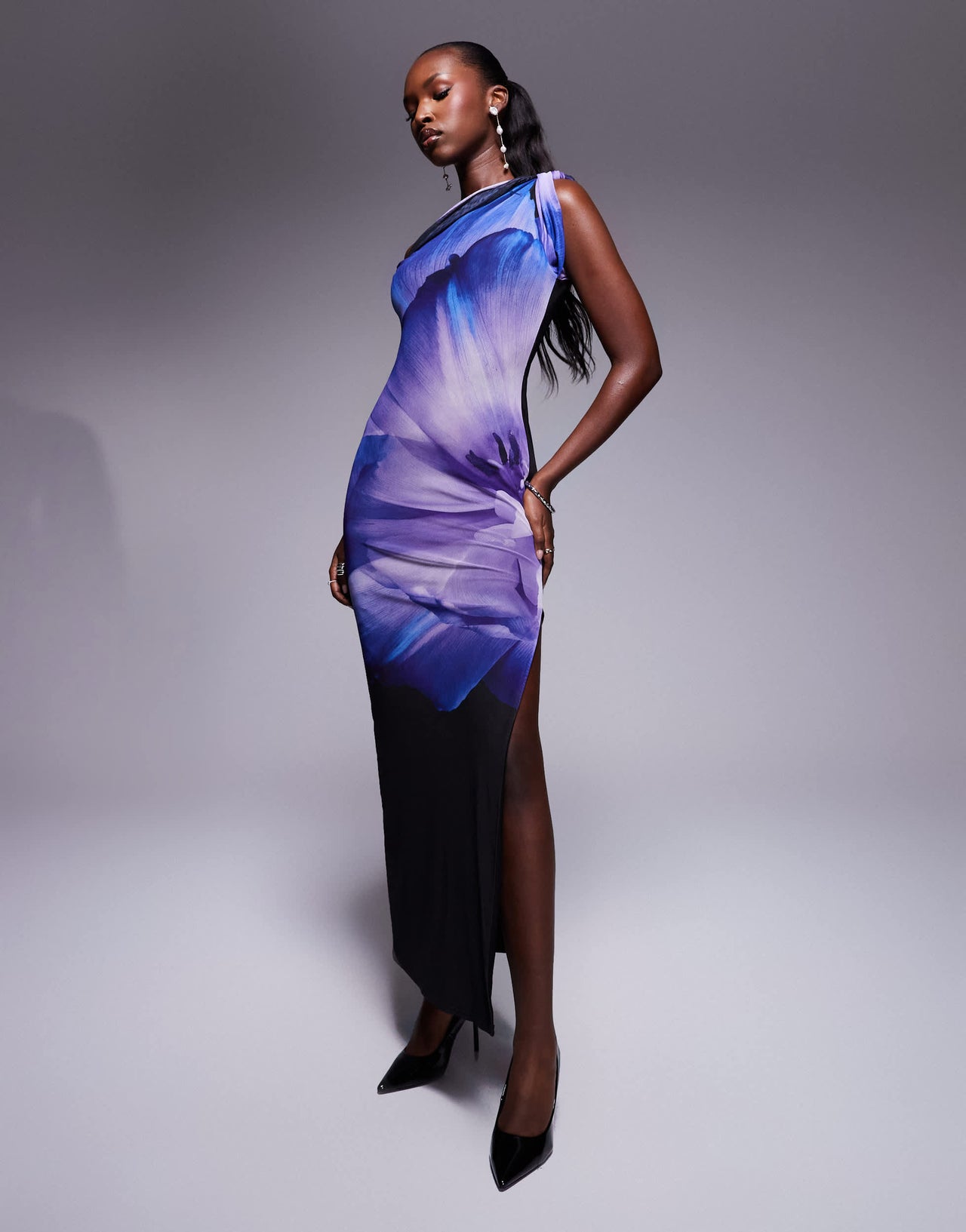 Kaiia exclusive mesh thigh split one shoulder twist detail maxi dress in purple floral