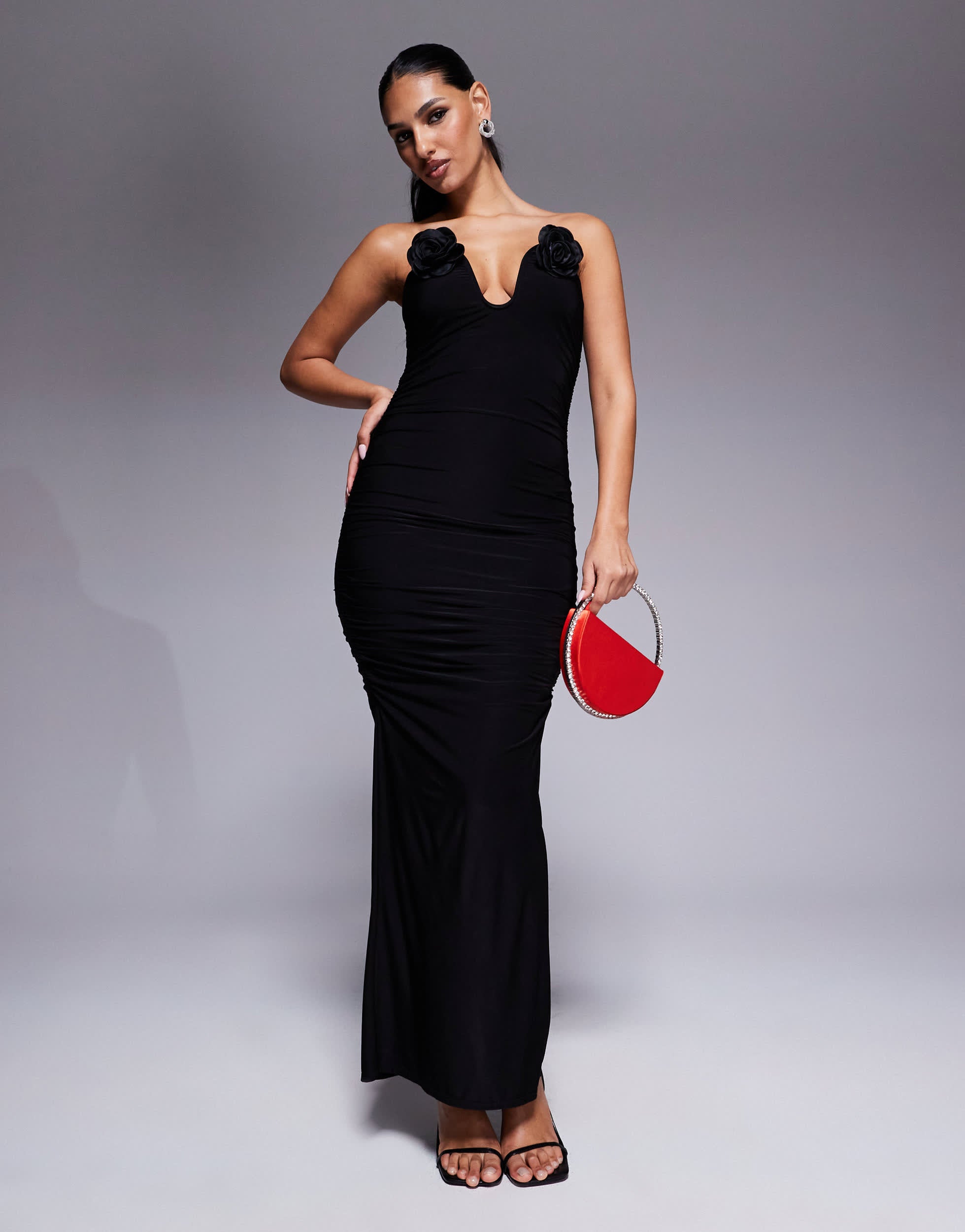 ASOS DESIGN ruched bandeau midi dress with corsages in black