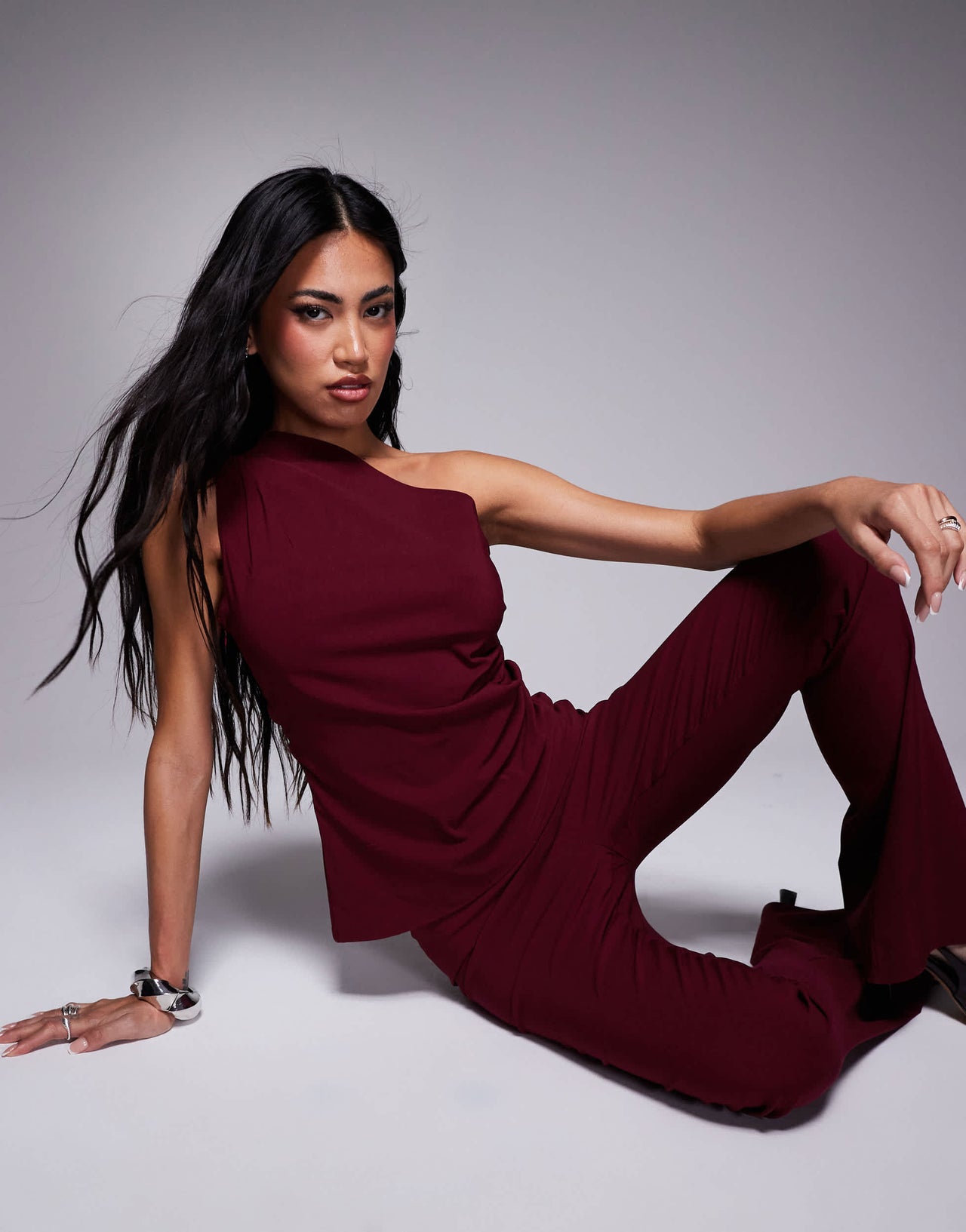 In The Style bengaline one shoulder ruched asymmetric top co-ord in red