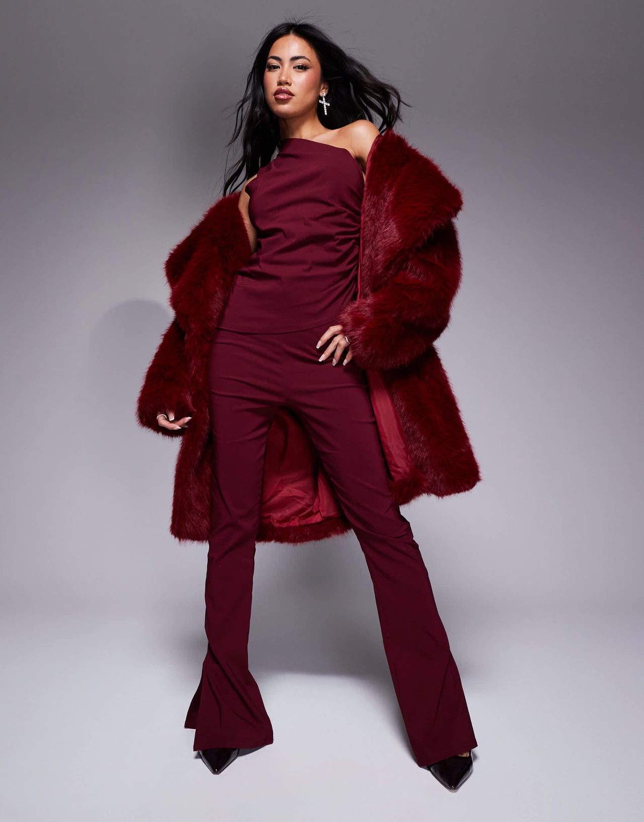 In The Style bengaline one shoulder ruched asymmetric top co-ord in red