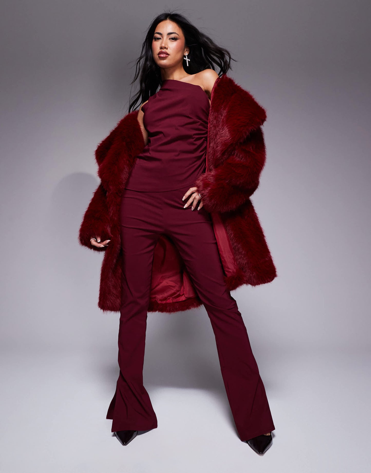 In The Style bengaline one shoulder ruched asymmetric top co-ord in red