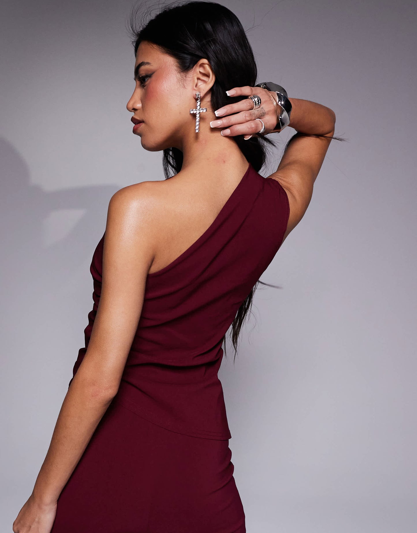 In The Style bengaline one shoulder ruched asymmetric top co-ord in red