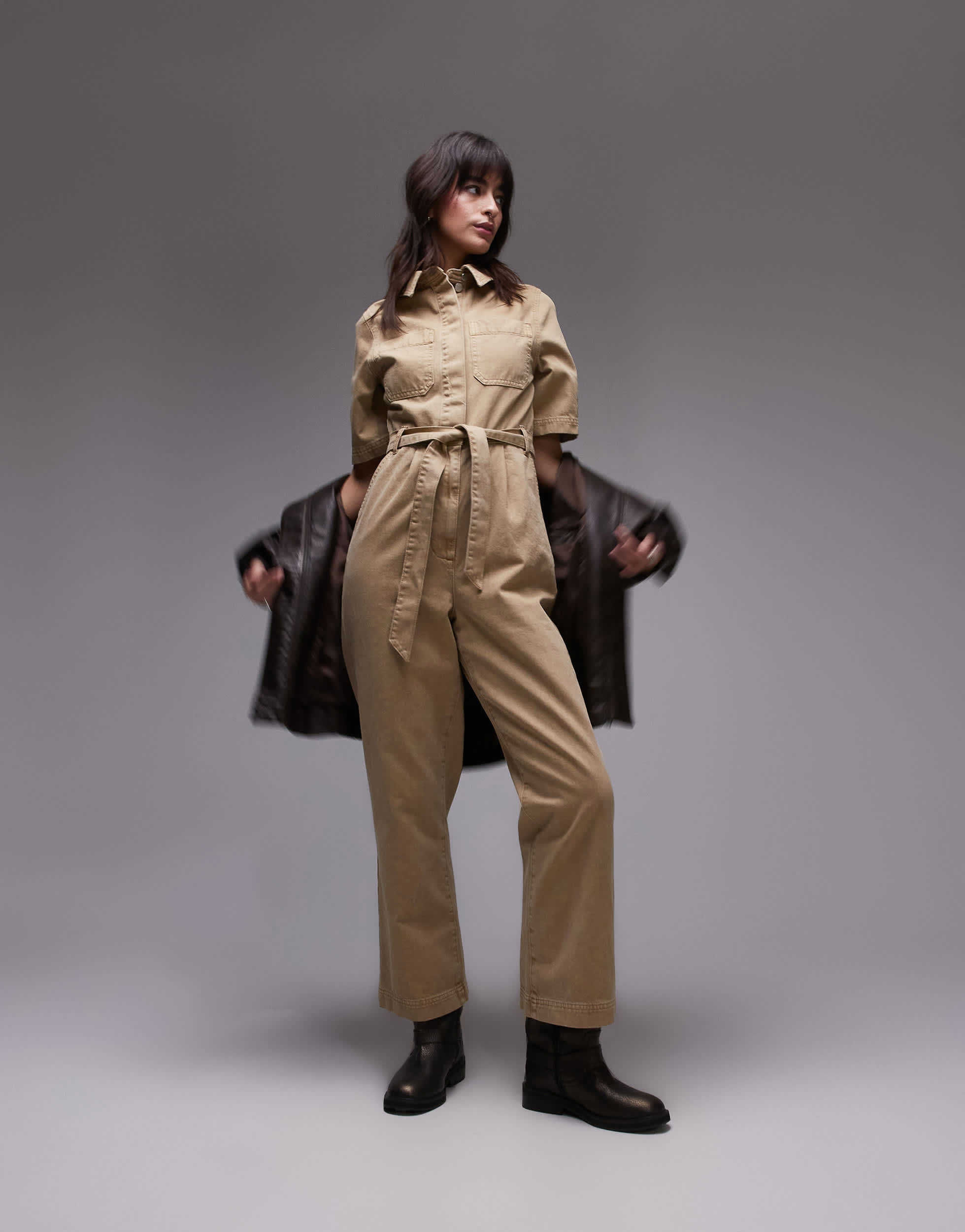 Topshop short sleeve jumpsuit in stone