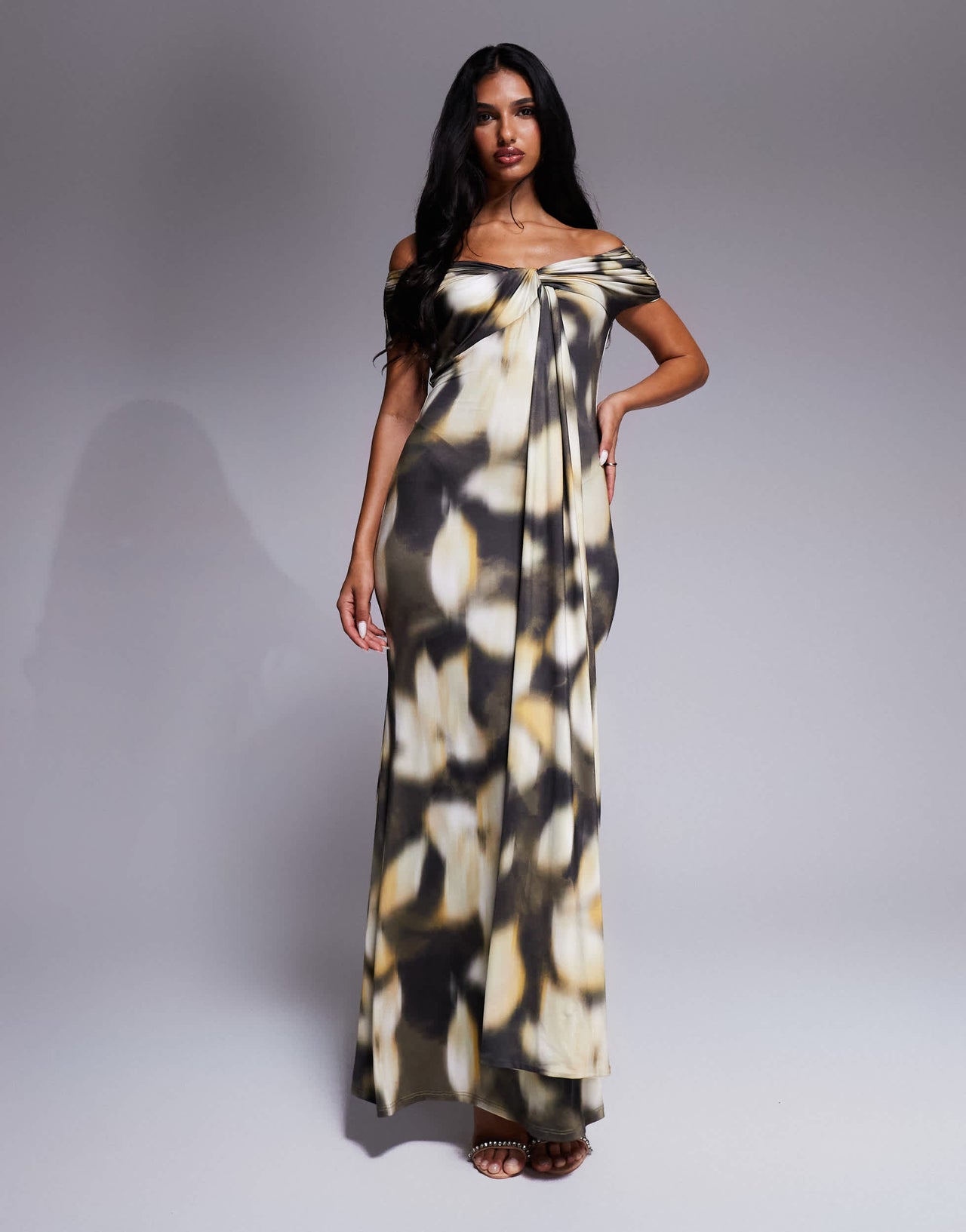 ASOS DESIGN twisted off shoulder knot detail midi dress in oversized blurred floral print