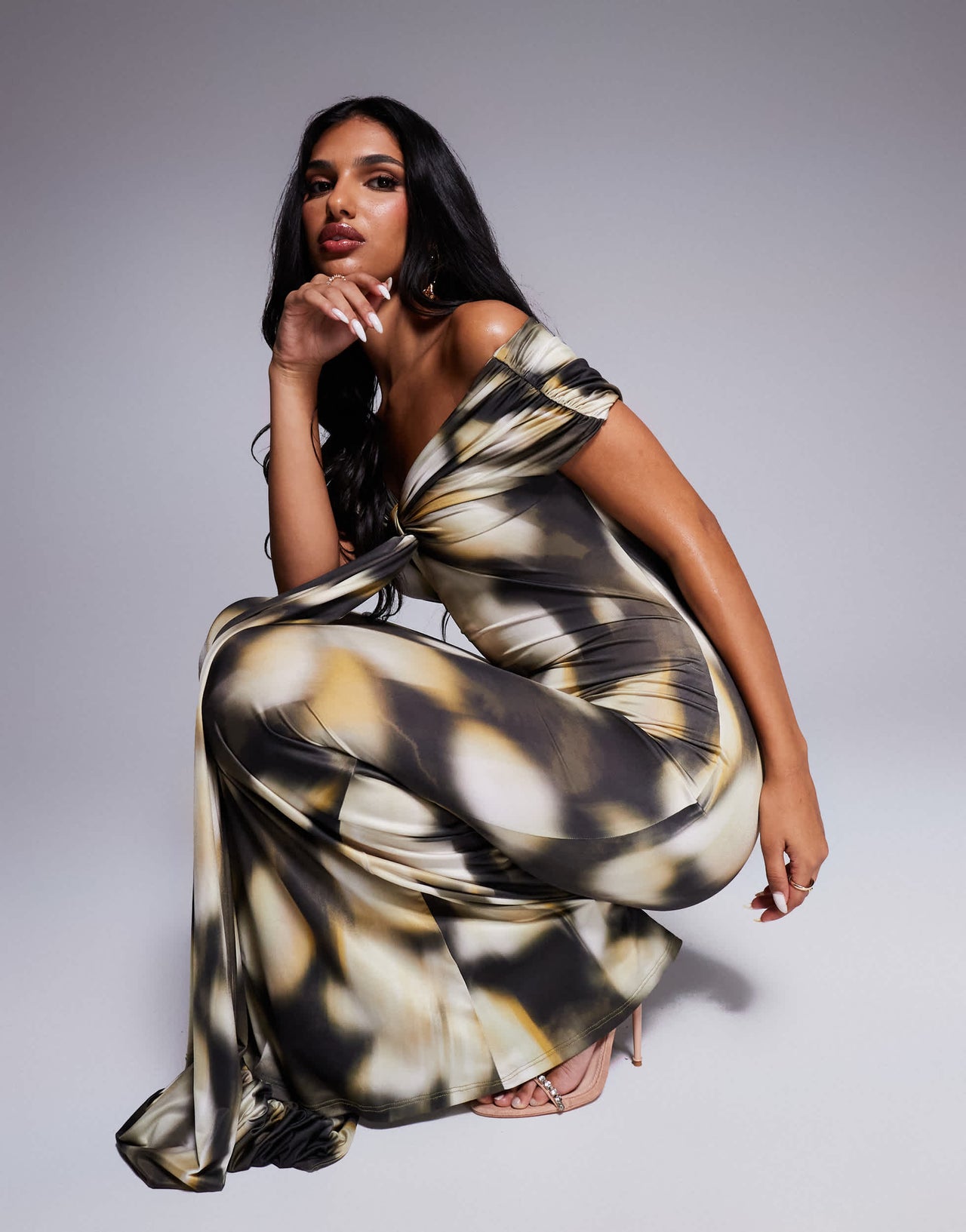 ASOS DESIGN twisted off shoulder knot detail midi dress in oversized blurred floral print