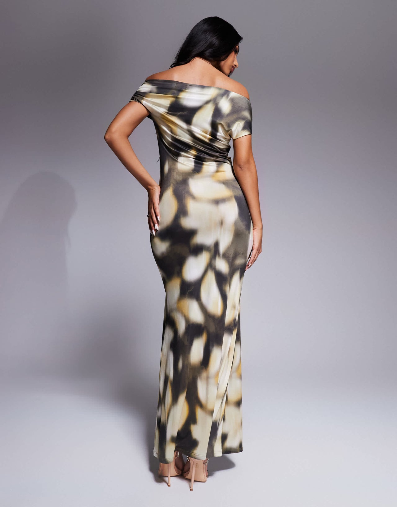 ASOS DESIGN twisted off shoulder knot detail midi dress in oversized blurred floral print