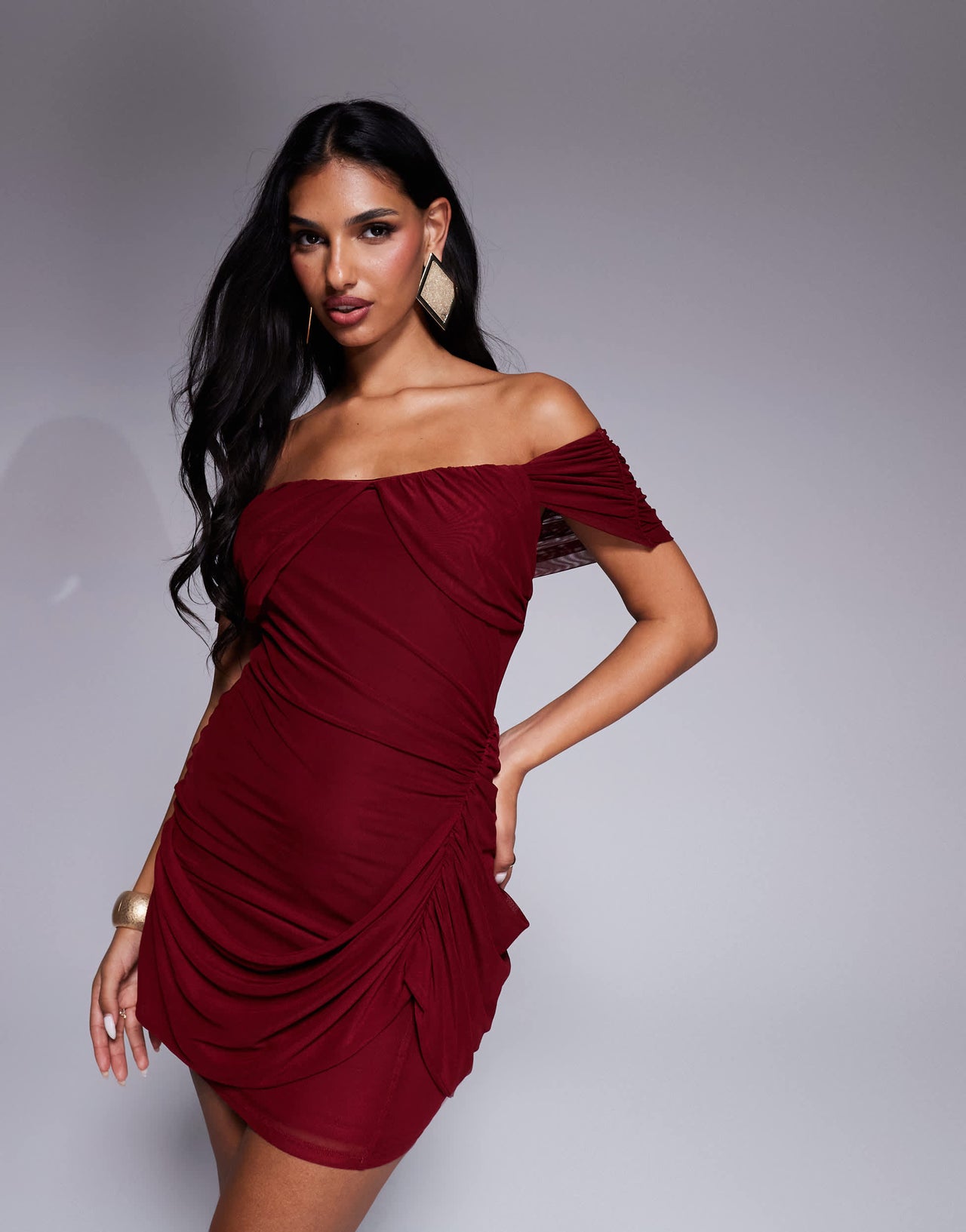 ASOS DESIGN mesh mix bardot draped mini dress in burgundy