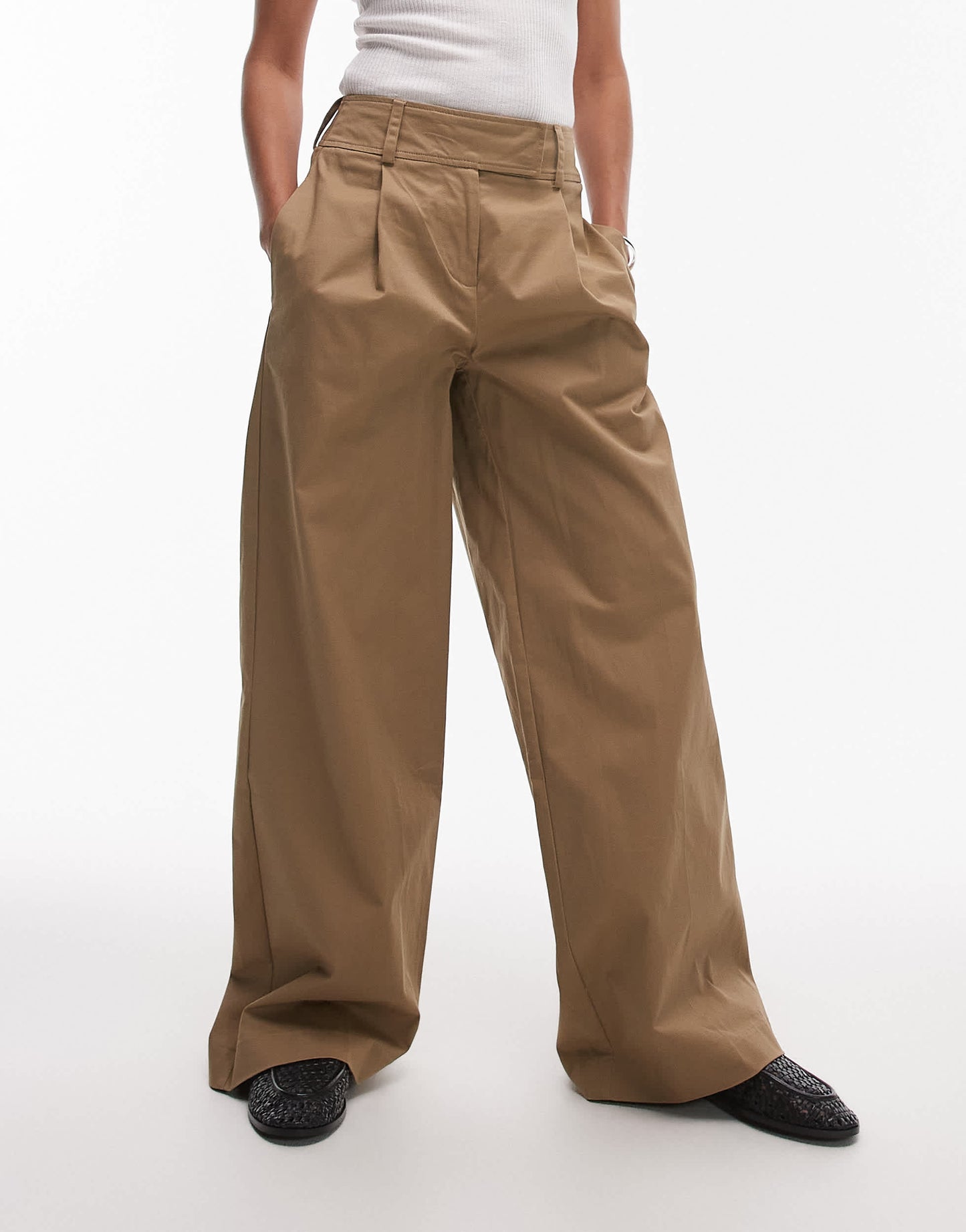 Topshop pleated wide leg tailored high waisted chino style trouser in sand