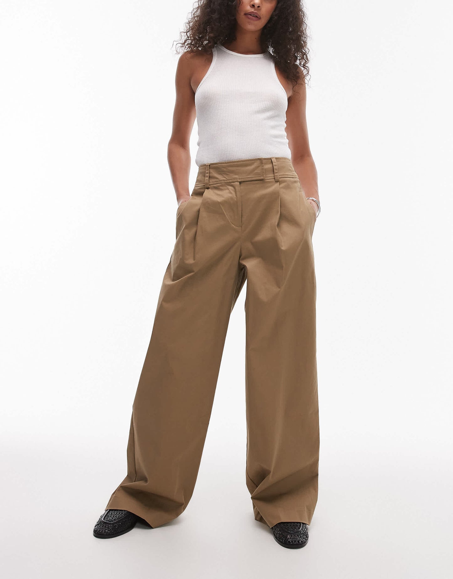 Topshop pleated wide leg tailored high waisted chino style trouser in sand