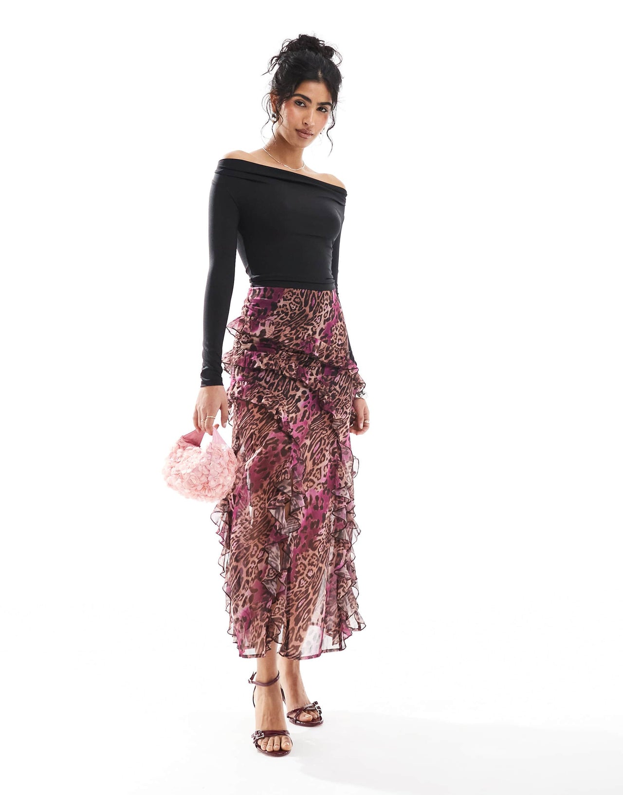 Miss Selfridge ruffle tiered midi skirt in leopard print