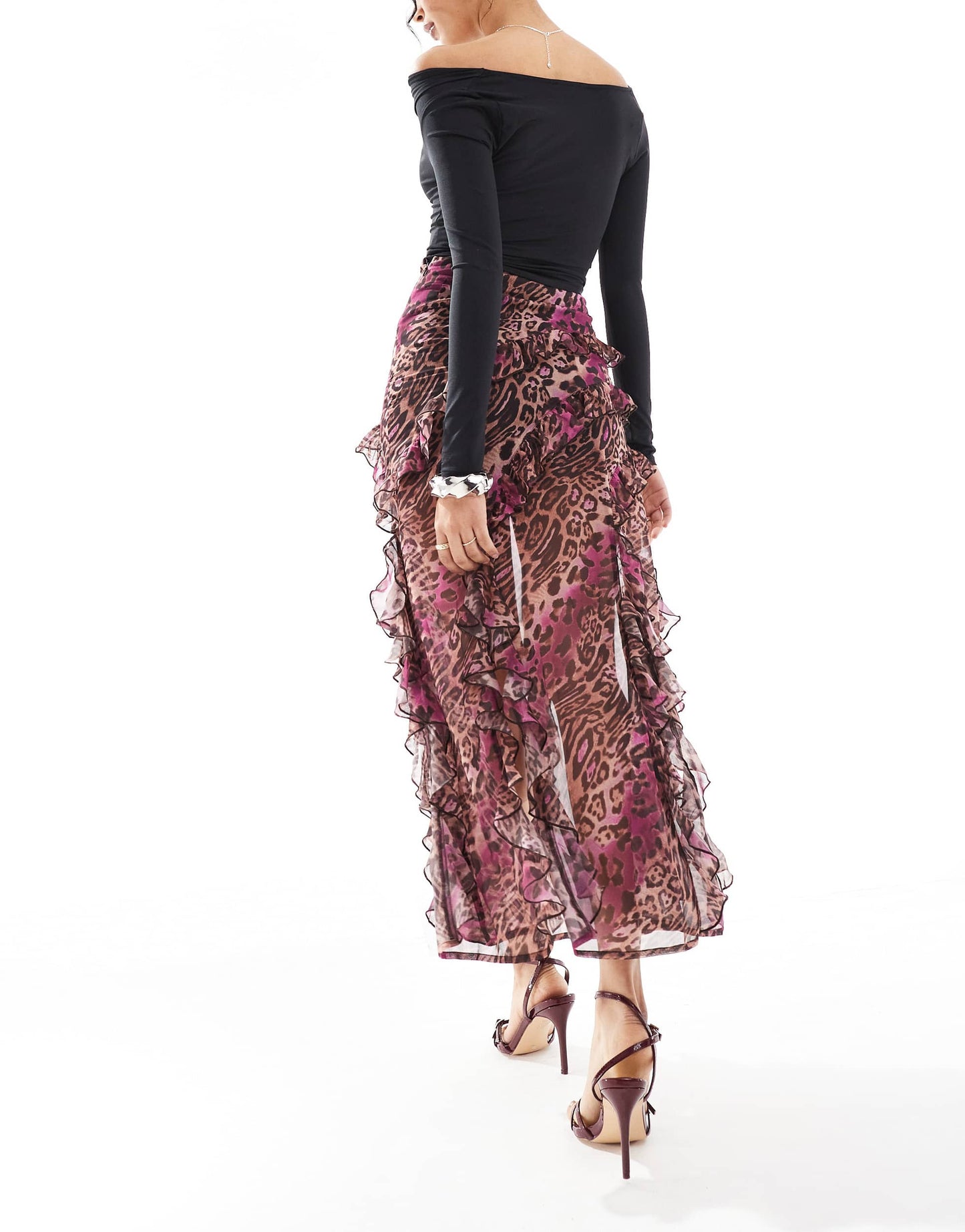 Miss Selfridge ruffle tiered midi skirt in leopard print