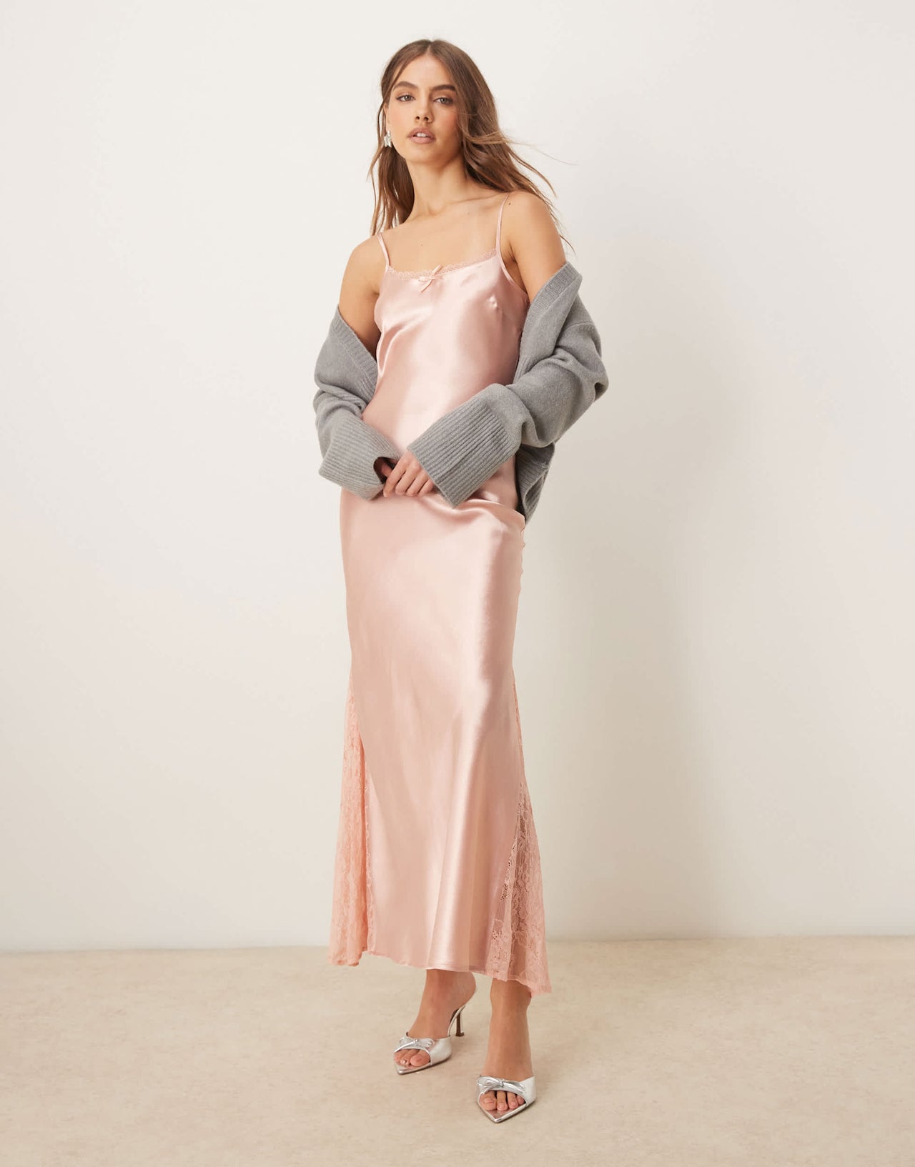 Miss Selfridge satin lace mix maxi slip dress in light pink