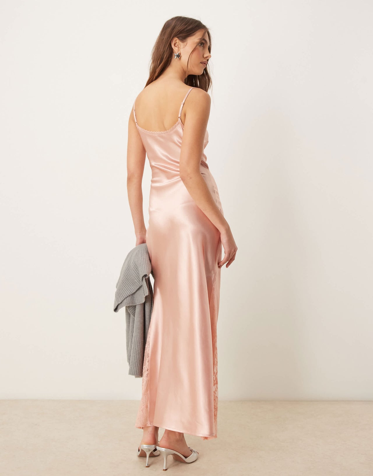 Miss Selfridge satin lace mix maxi slip dress in light pink