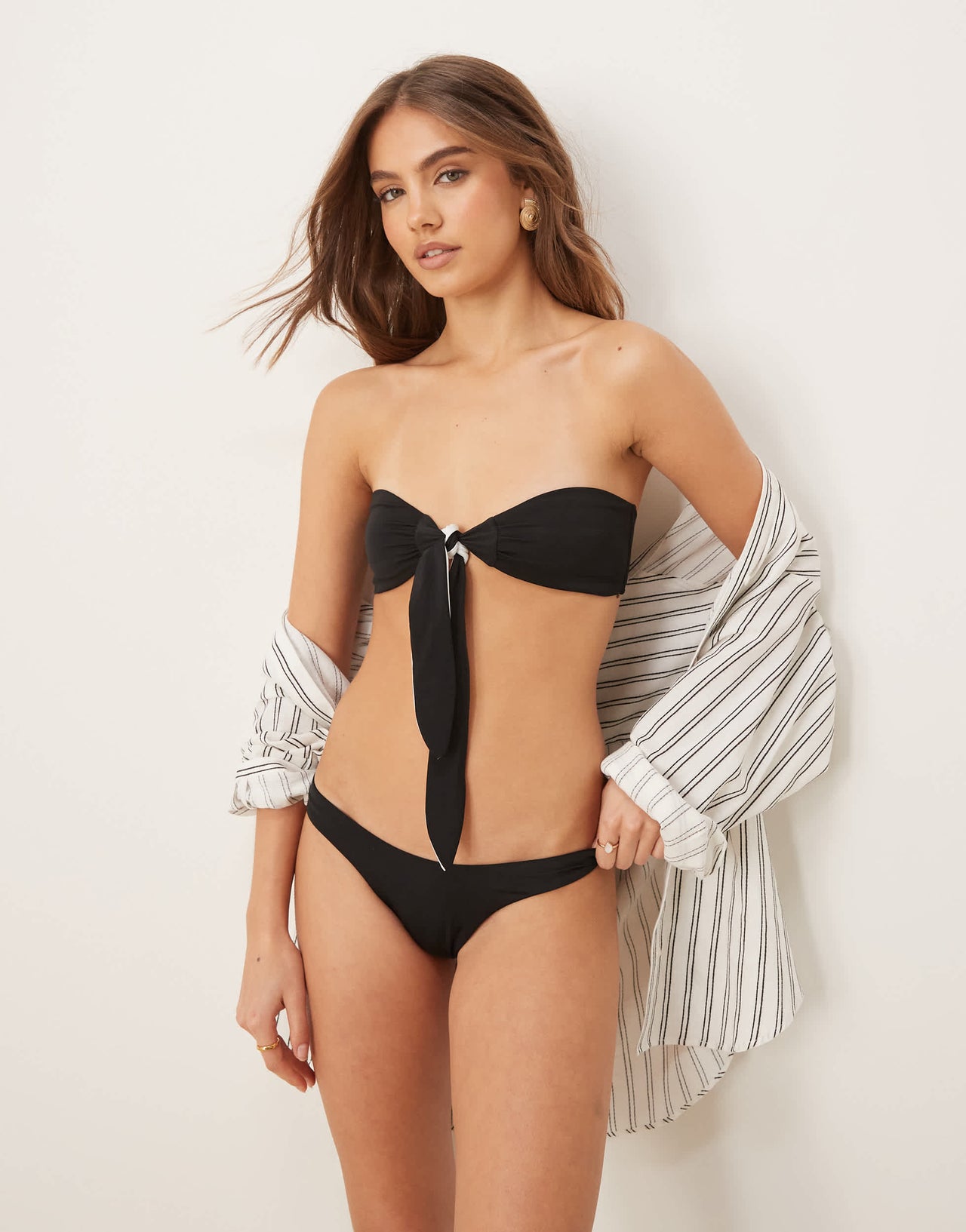 Free Society contrast tie front bandeau bikini top in black and white