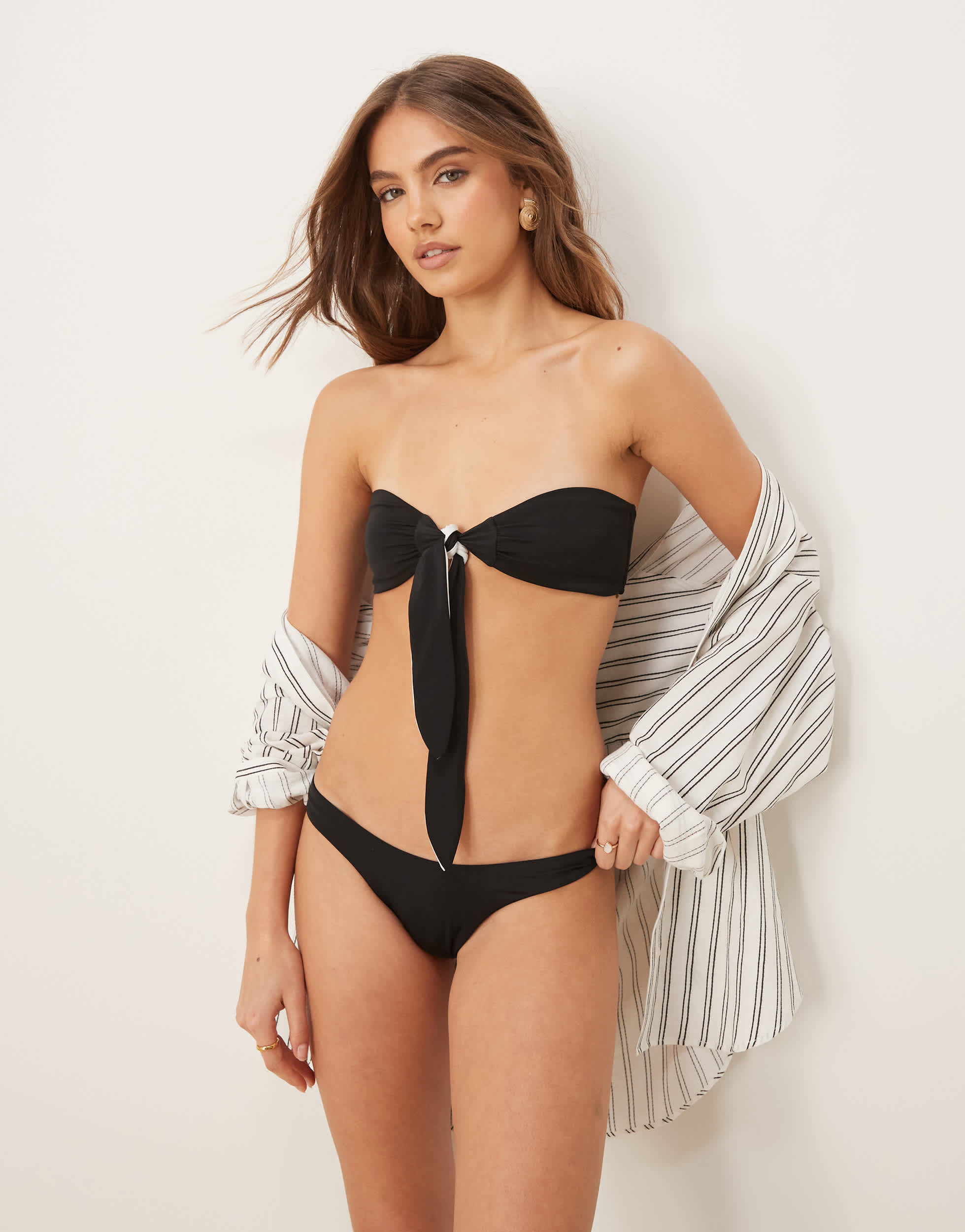 Free Society contrast tie front bandeau bikini top in black and white