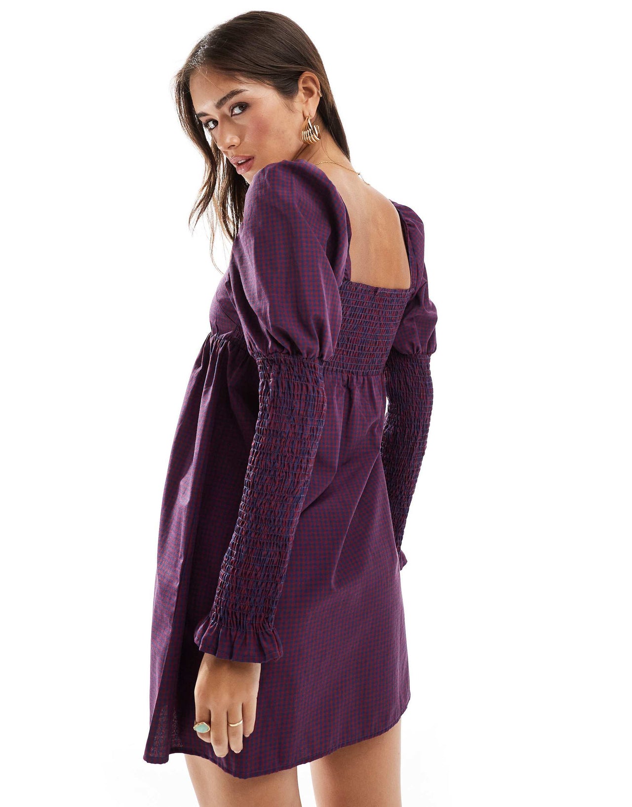 ASOS DESIGN poplin shirred sleeve mini dress in red check