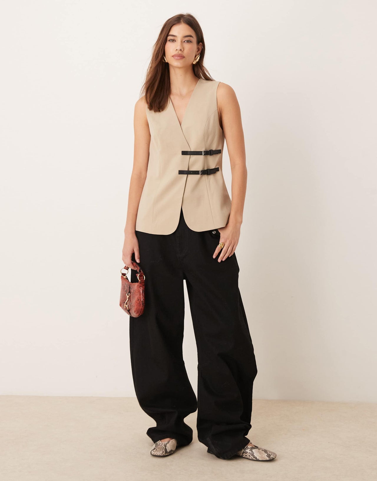 ASOS DESIGN longline waistcoat with belt detail in stone